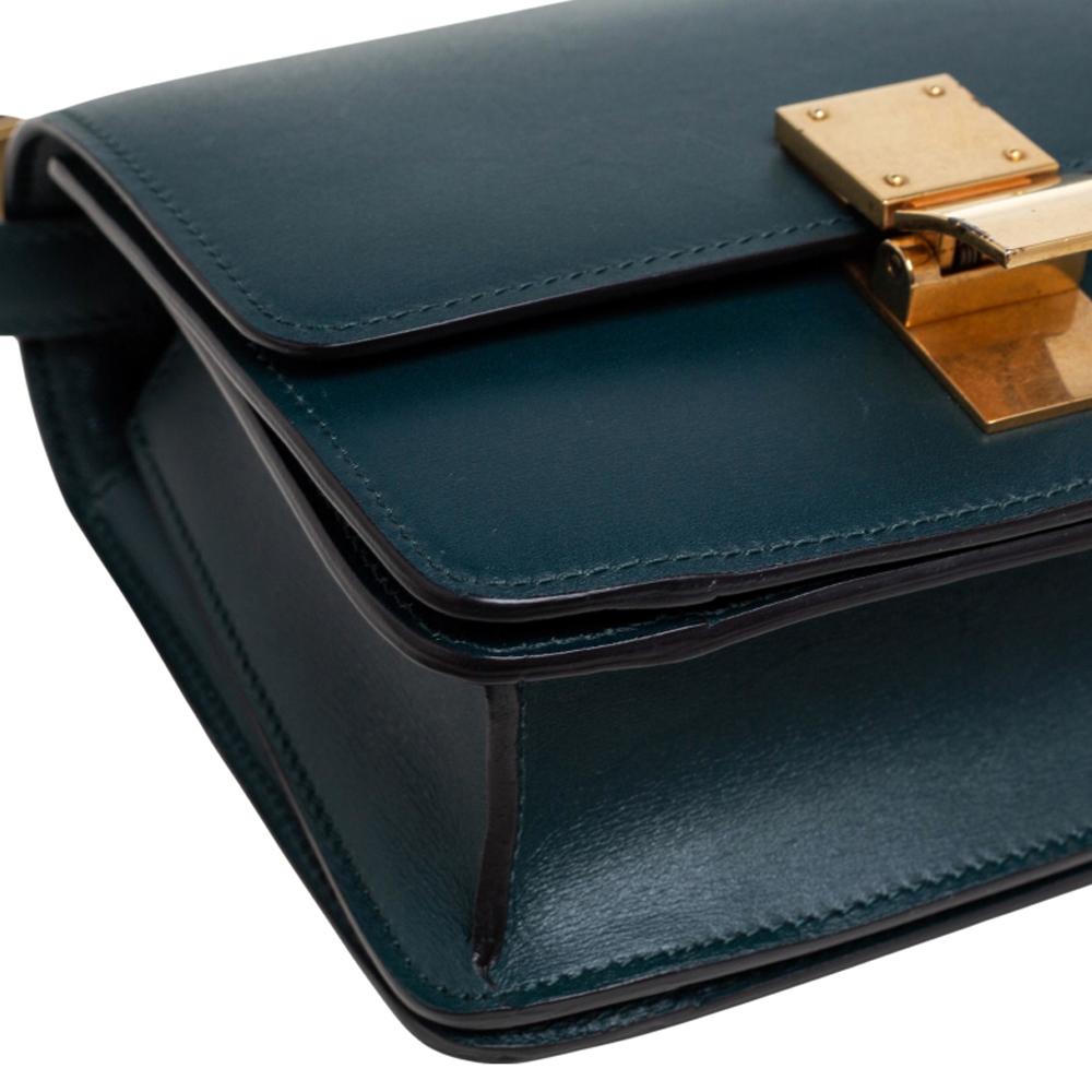 Black Celine Dark Green Leather Small Classic Box Shoulder Bag