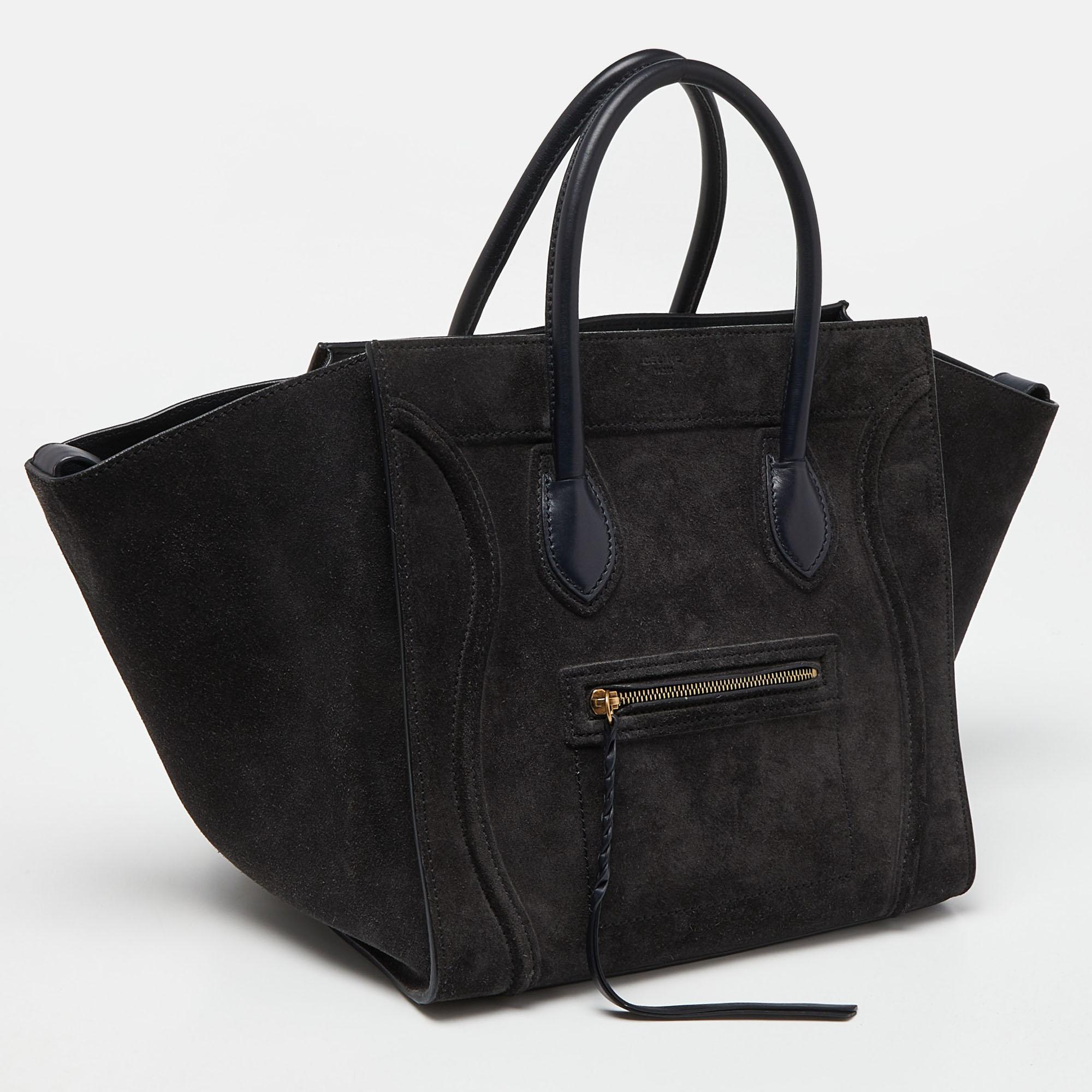 Women's Celine Dark Grey/Dark Blue Suede and Leather Medium Phantom Luggage Tote For Sale