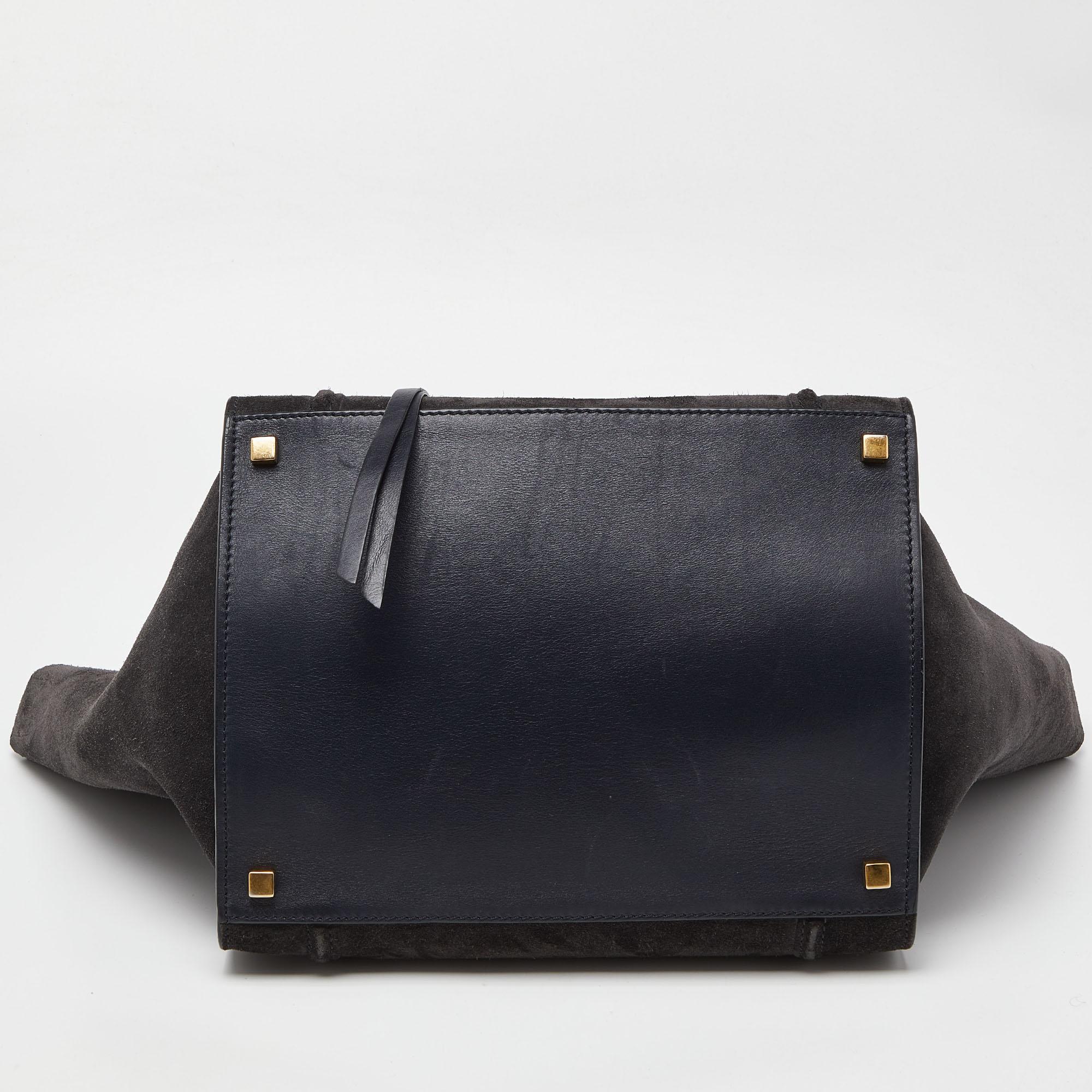 Celine Dark Grey/Dark Blue Suede and Leather Medium Phantom Luggage Tote For Sale 1