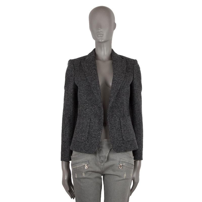 authentic Celine open blazer in charcoal and grey heather wool (93%) and nylon (7%). With peak collar, and two patch pockets on the front. Lined in black viscose (100%) and white acetate (52%) and cupro (48%).Has been worn and is in excellent