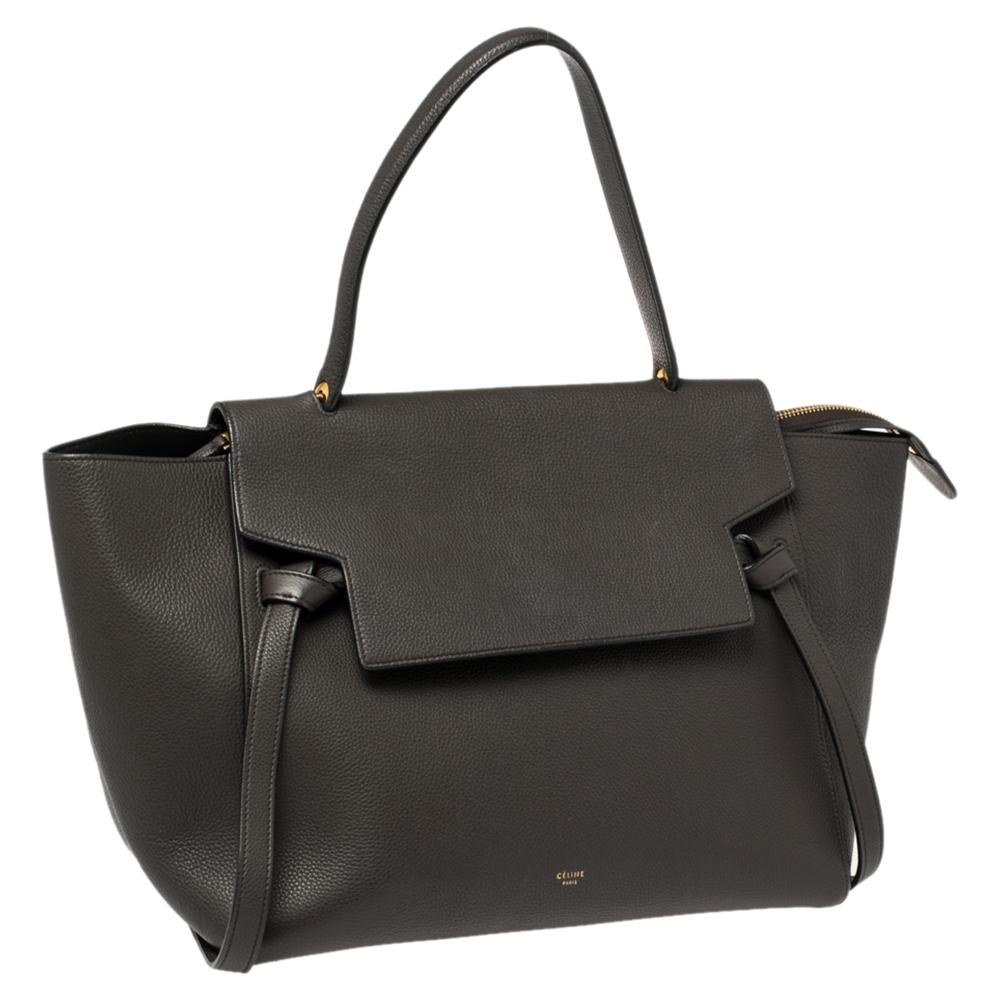 Celine Dark Grey Leather Small Belt Top Handle Bag In Good Condition In Dubai, Al Qouz 2