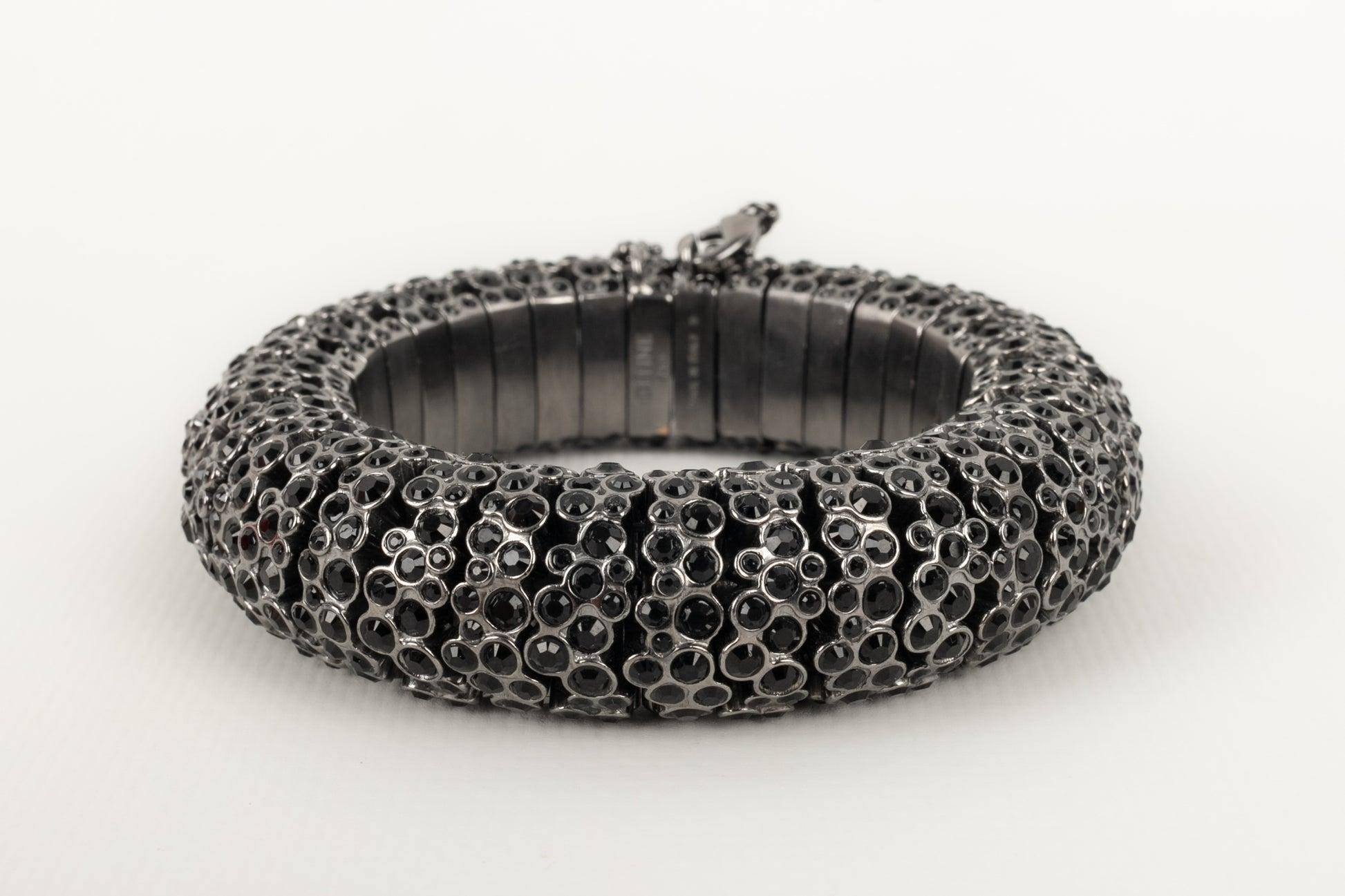 Women's Celine Dark-silvery Metal Bracelet, Ornamented with Black Rhinestones For Sale