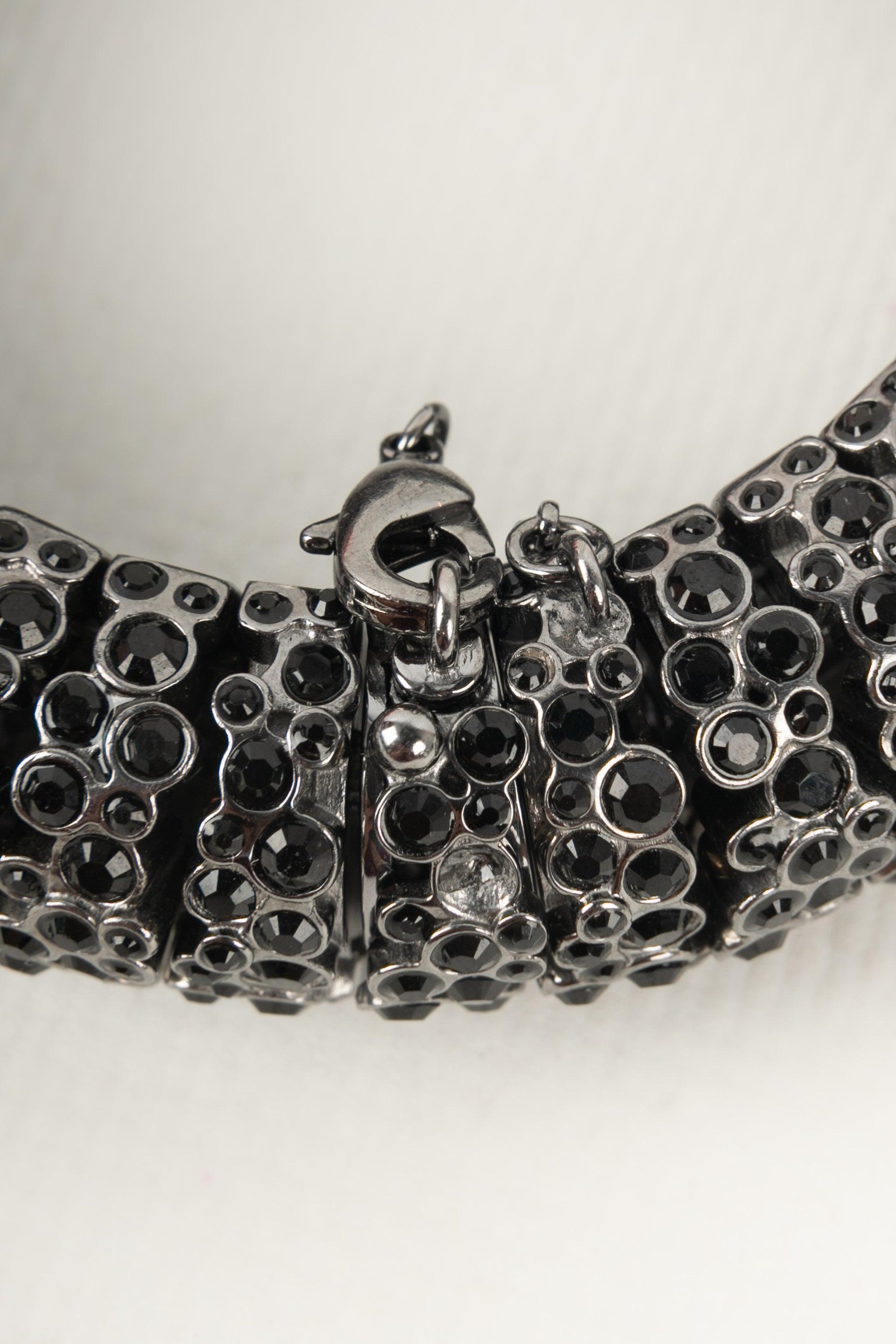 Celine Dark-silvery Metal Bracelet, Ornamented with Black Rhinestones For Sale 1