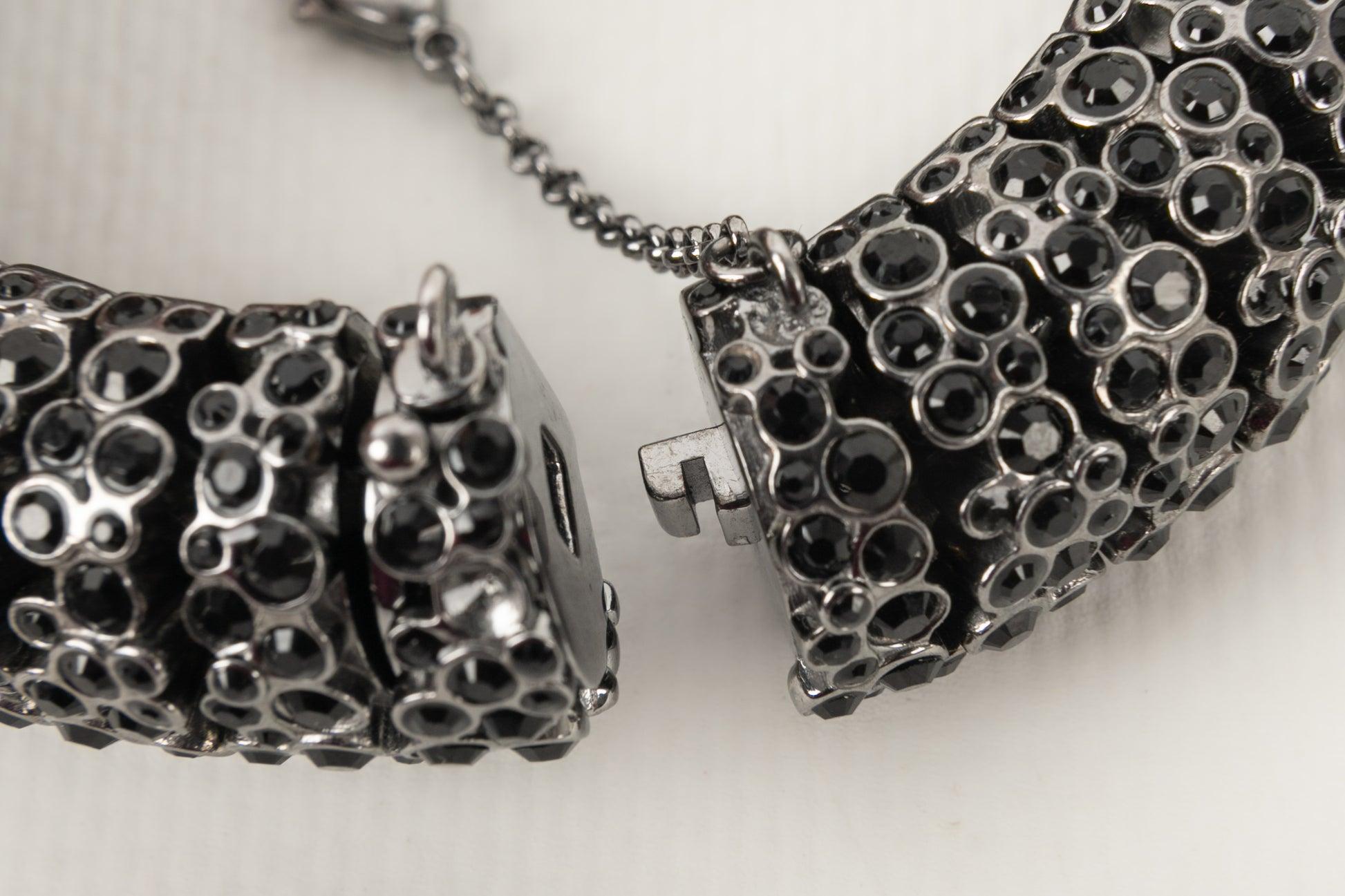 Celine Dark-silvery Metal Bracelet, Ornamented with Black Rhinestones For Sale 2
