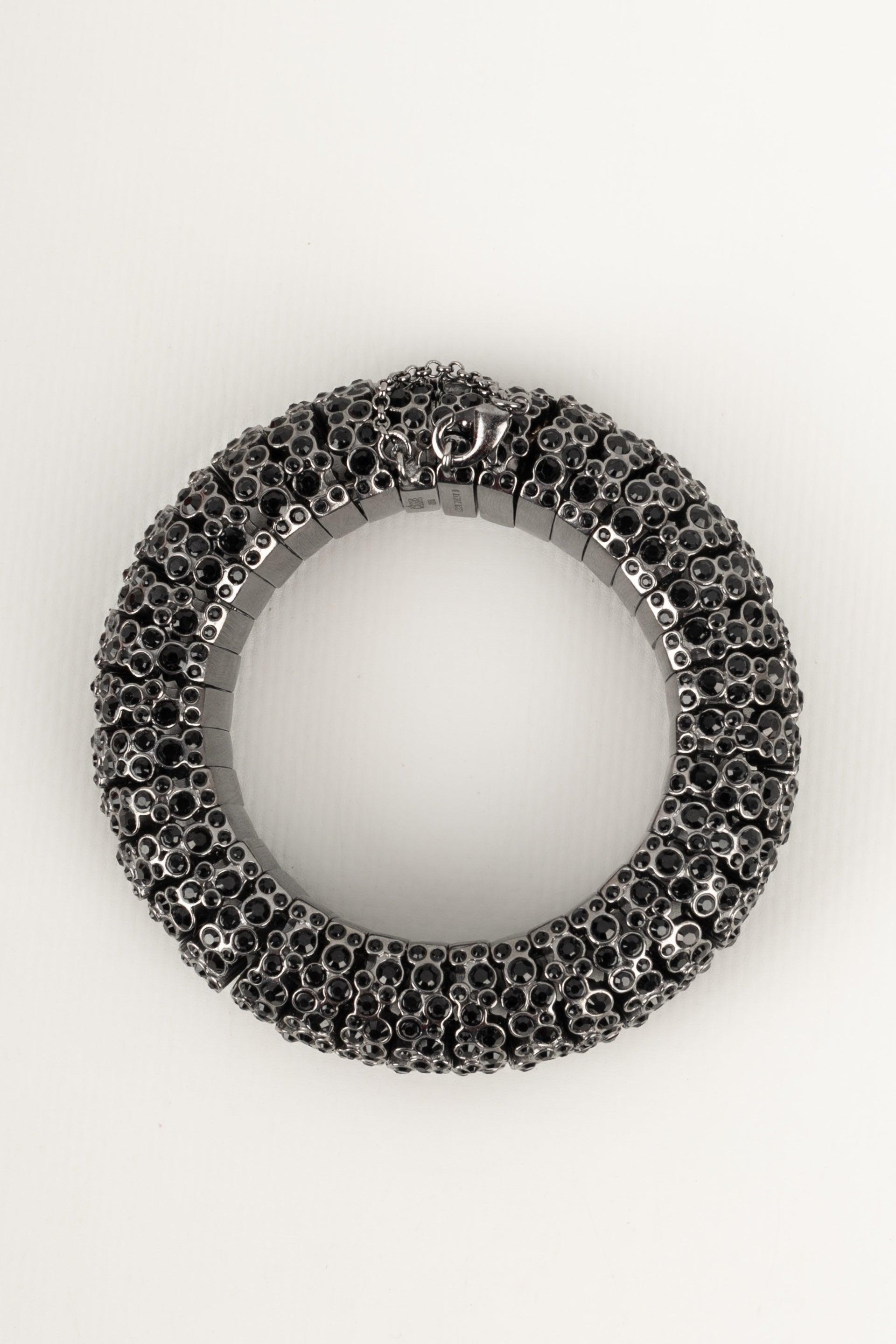 Celine Dark-silvery Metal Bracelet, Ornamented with Black Rhinestones For Sale 3