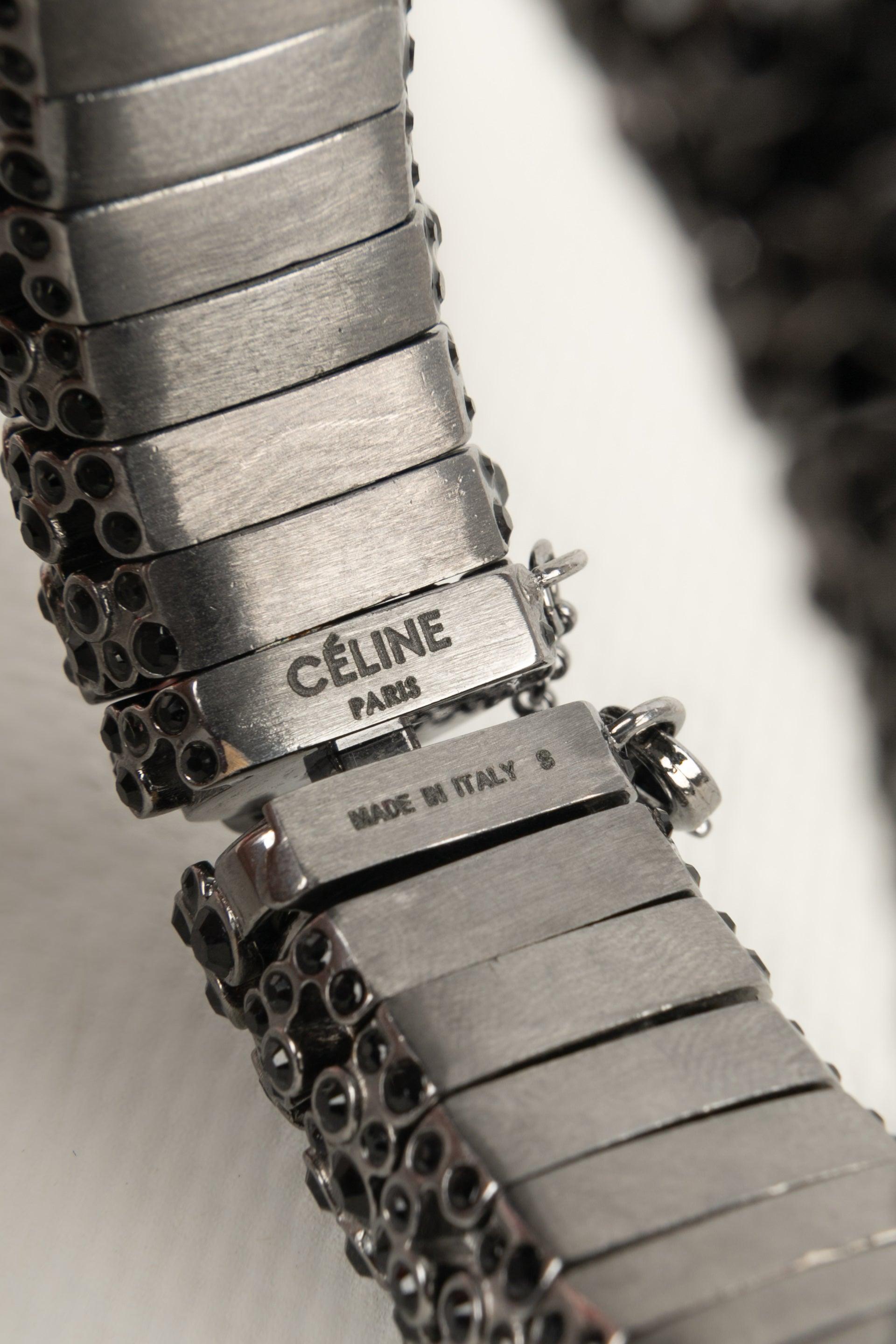 Celine Dark-silvery Metal Bracelet, Ornamented with Black Rhinestones For Sale 4