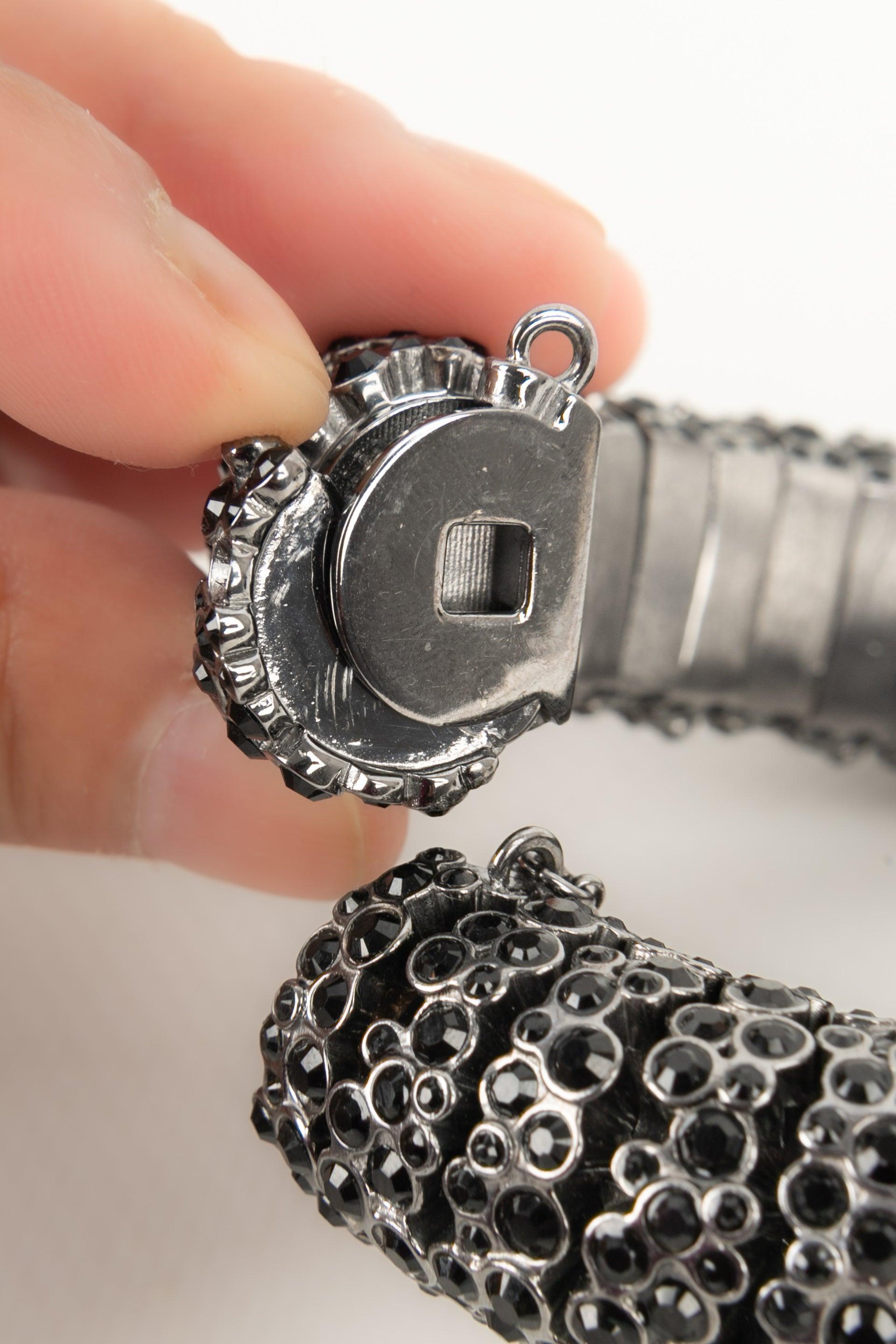 Celine Dark-silvery Metal Bracelet, Ornamented with Black Rhinestones For Sale 5
