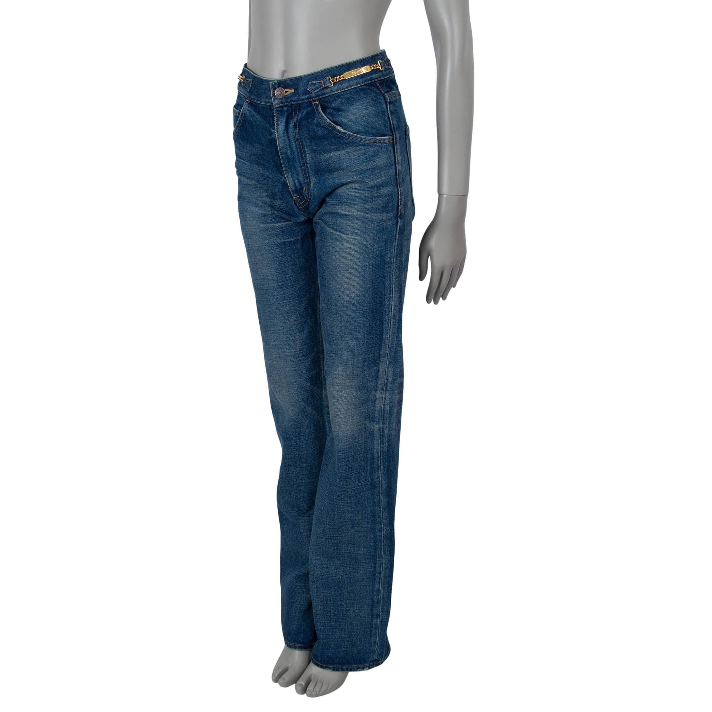 These 100% authentic Celine Serge jeans in blue cotton (100%) add a modern twist to a vintage-inspired silhouette. They have a high waist and flared leg and are accented with gold-tone ID Gourmettes chains at the sides for an eye-catching statement.