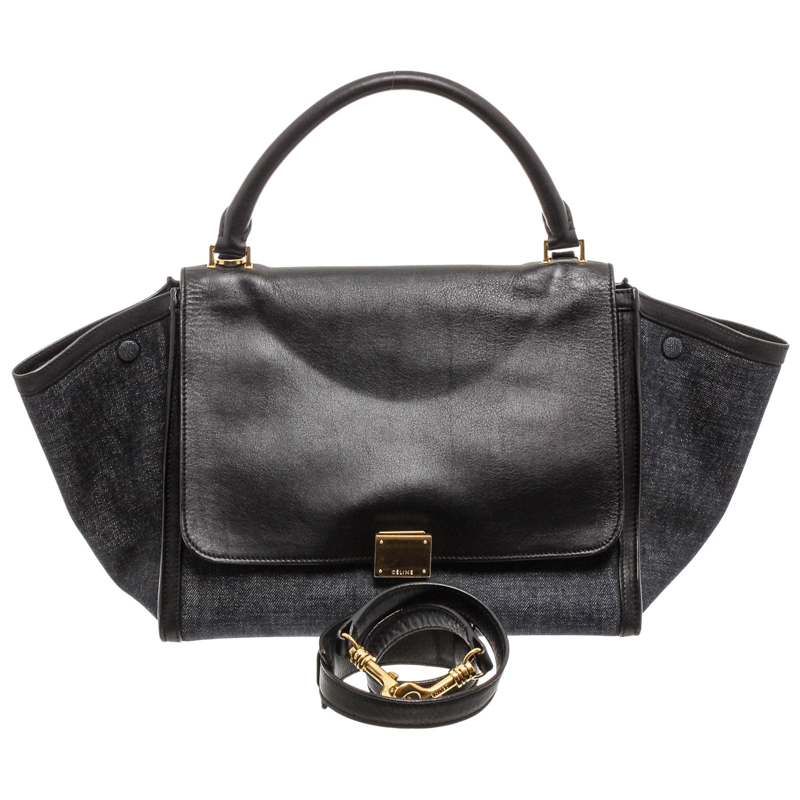 Celine Denim Black Leather Medium Trapeze Shoulder Bag