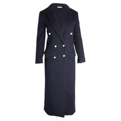 Celine Double-Breasted Long Coat in Navy Blue Lana Vergine