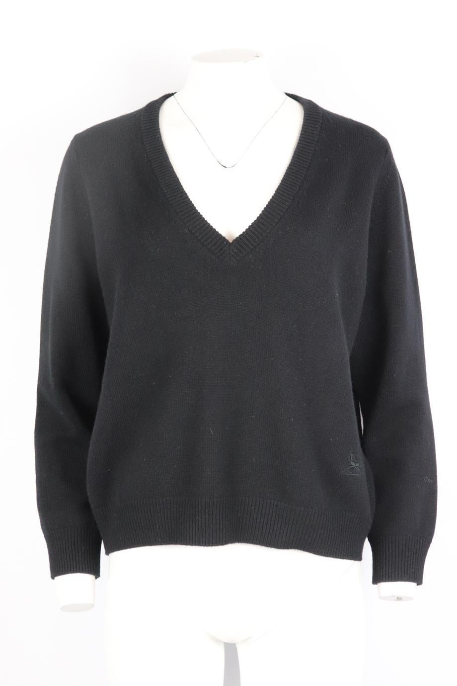 Celine embroidered cashmere sweater. Black. Long sleeve, scoop neck. 100% Cashmere. Size: Large (UK 12, US 8, FR 40, IT 44). Bust: 46 in. Waist: 46.4 in. Hips: 46.4 in. Length: 23.4 in. Very good condition - No sign of wear; see pictures.