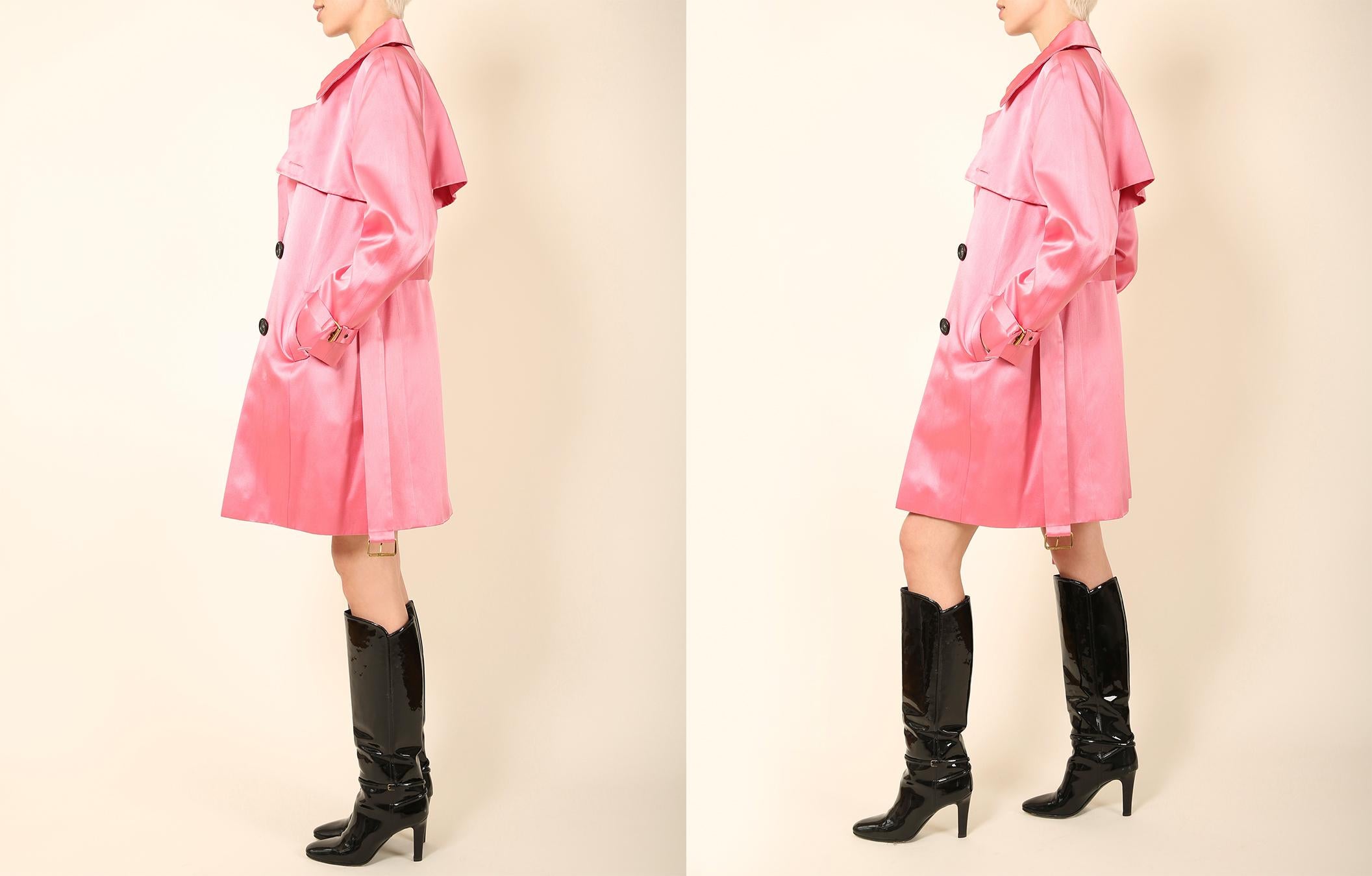 Celine F/W 2003 pink silk oversized button belted trench coat  7