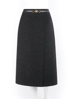 CELINE F/W 2006 Gray Wool Leather Logo Buckle Wrap Midi Skirt