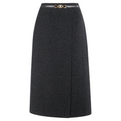CELINE F/W 2006 Gray Wool Leather Logo Buckle Wrap Midi Skirt