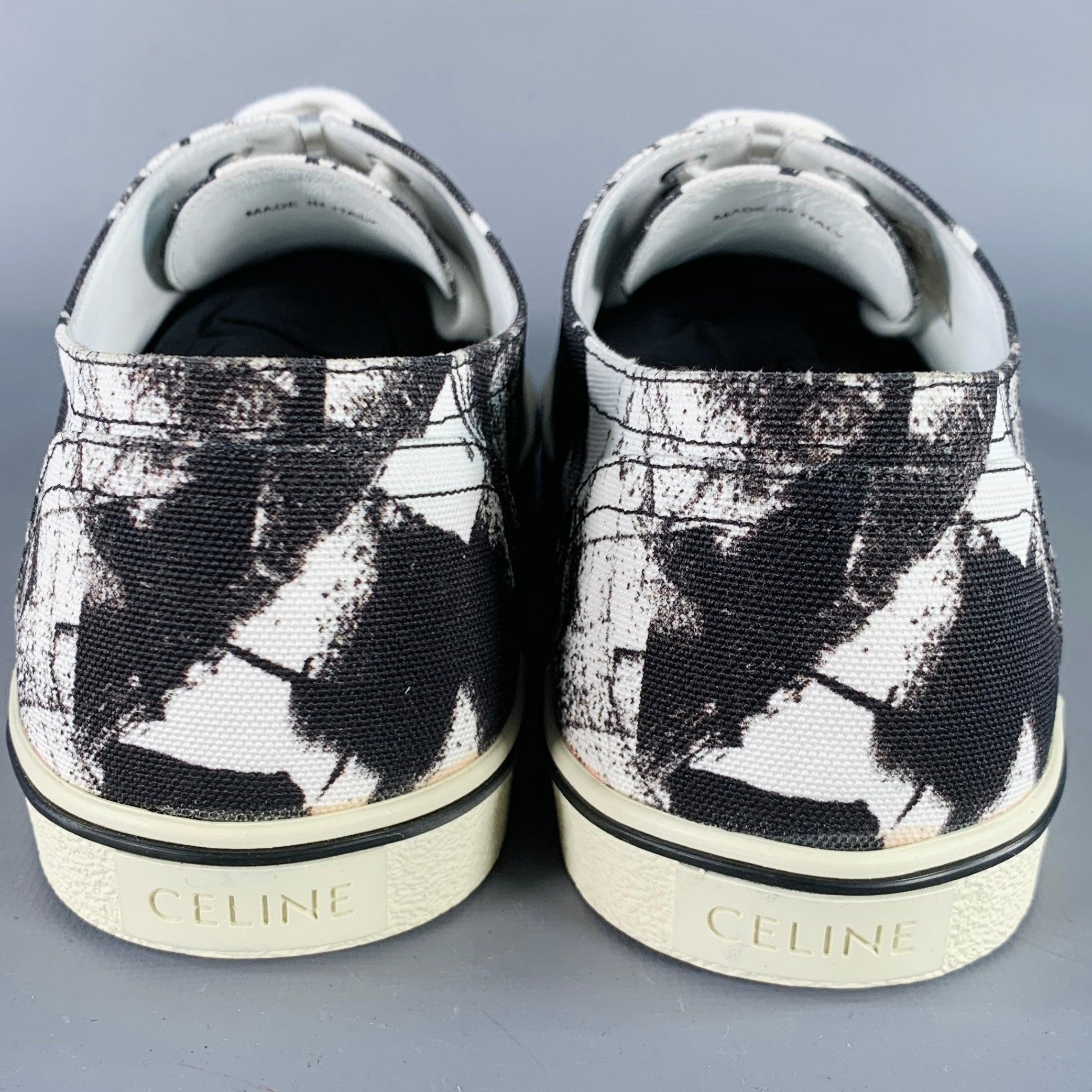 Gris Celine Fall 2019 Size 9 Black White Marbled Canvas Lace-Up Sneakers en vente