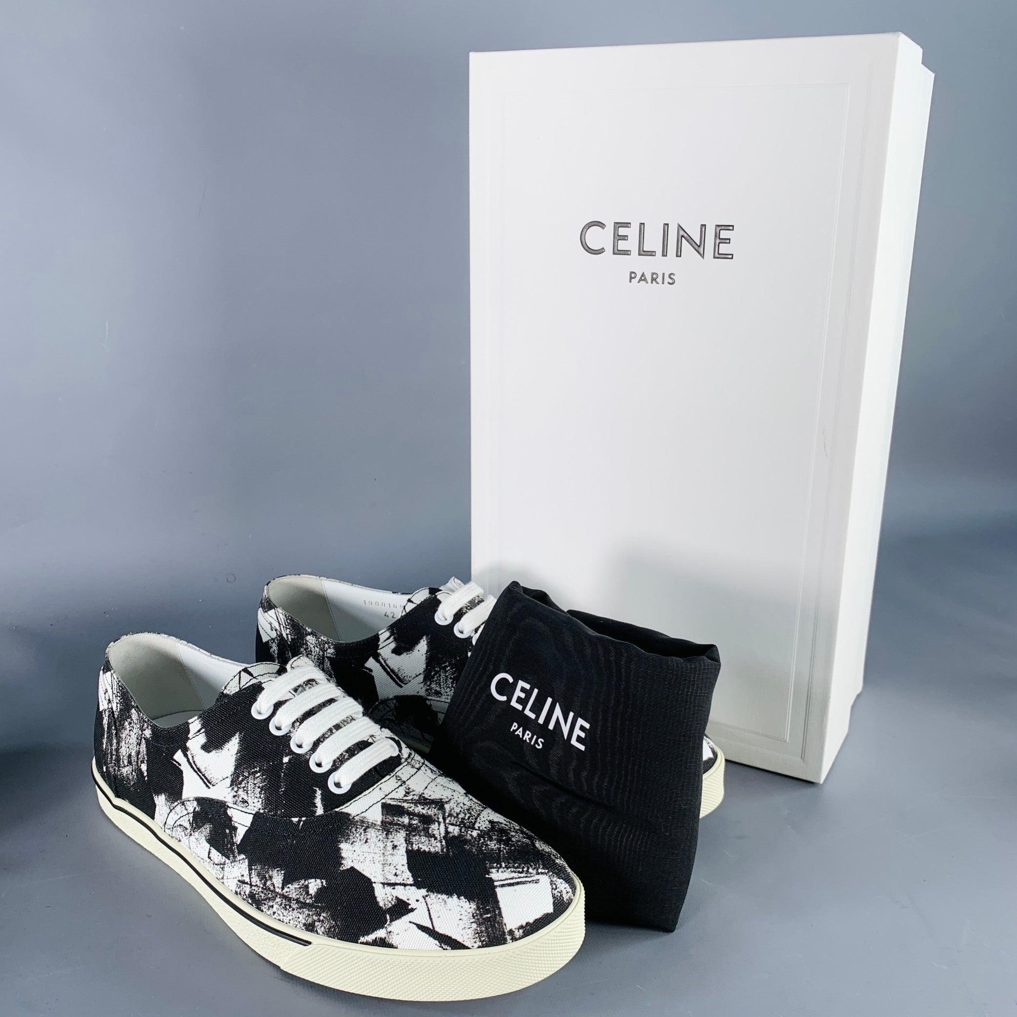 Celine Fall 2019 Size 9 Black White Marbled Canvas Lace-Up Sneakers en vente 4