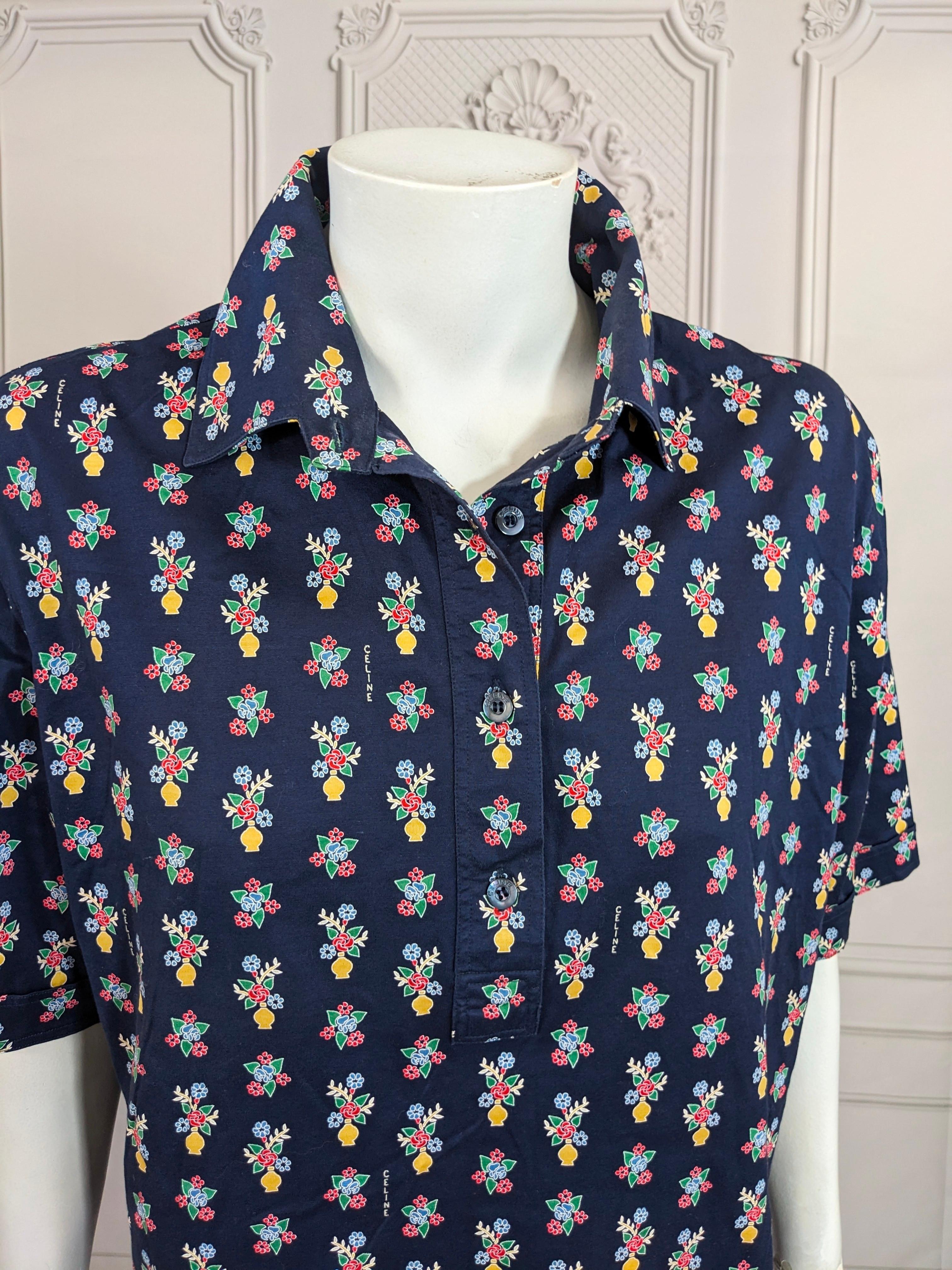 Celine Floral Print Navy Blue Cotton Logo Polo In Good Condition For Sale In New York, NY