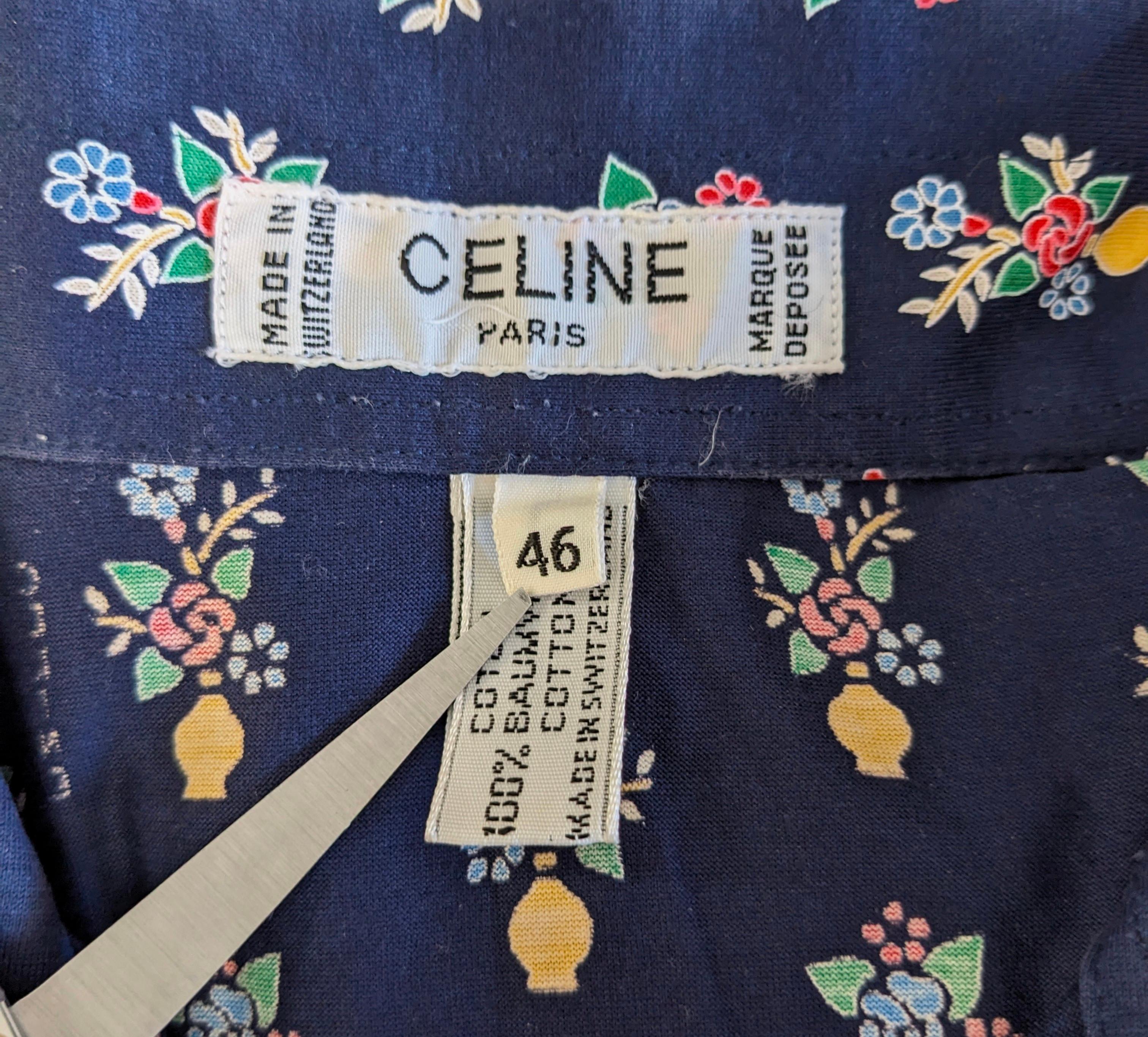 Celine Floral Print Navy Blue Cotton Logo Polo For Sale 2