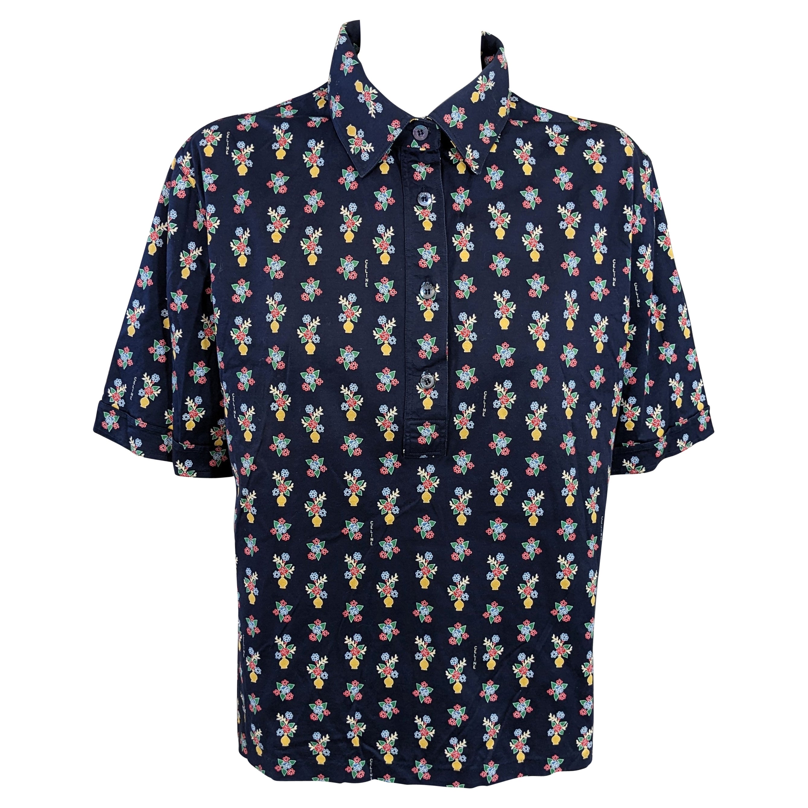 Polo Celine con stampa floreale in cotone blu navy in vendita