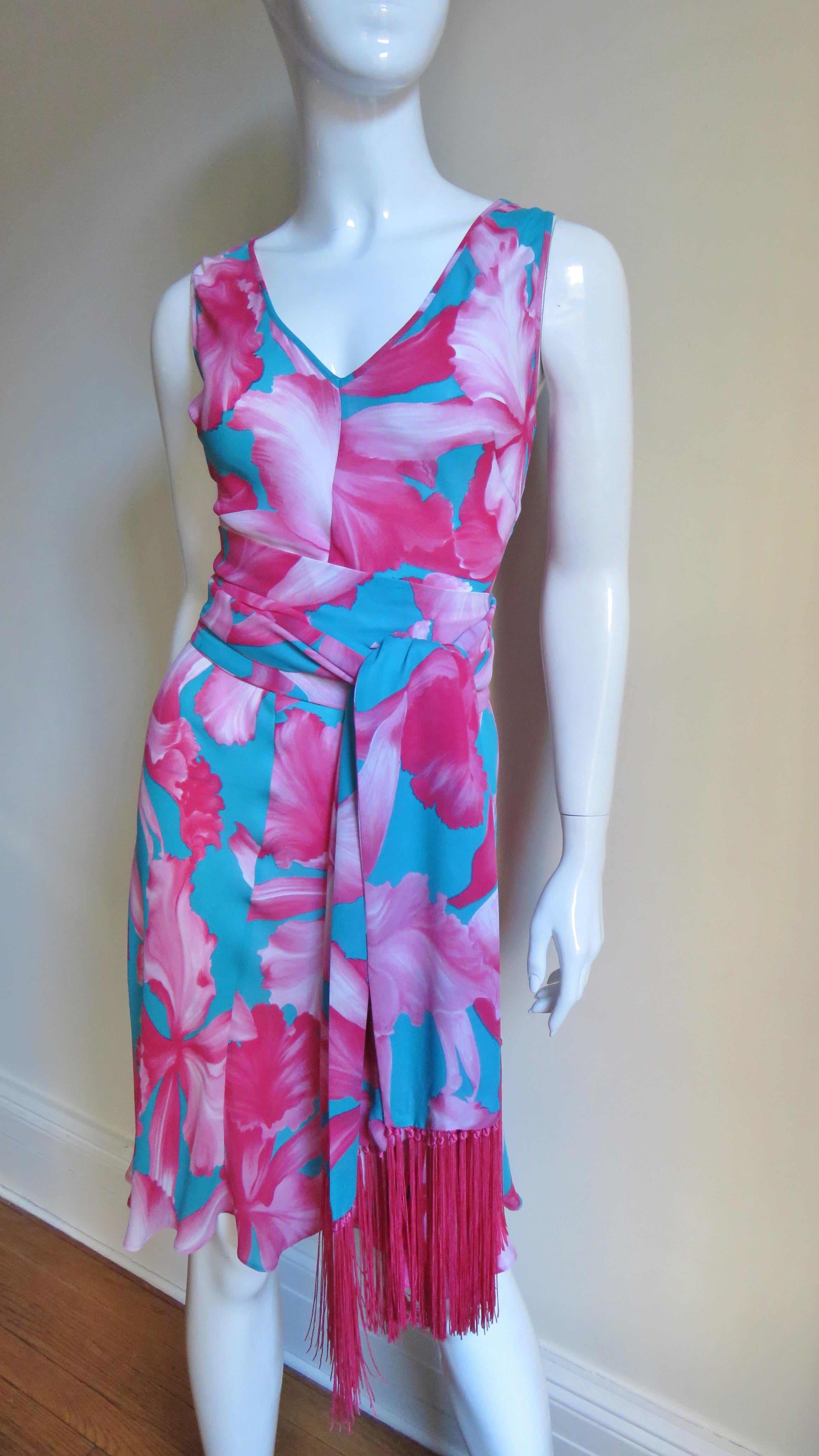 Purple  Celine Flower Print Silk Dress with Fringe Wrap For Sale