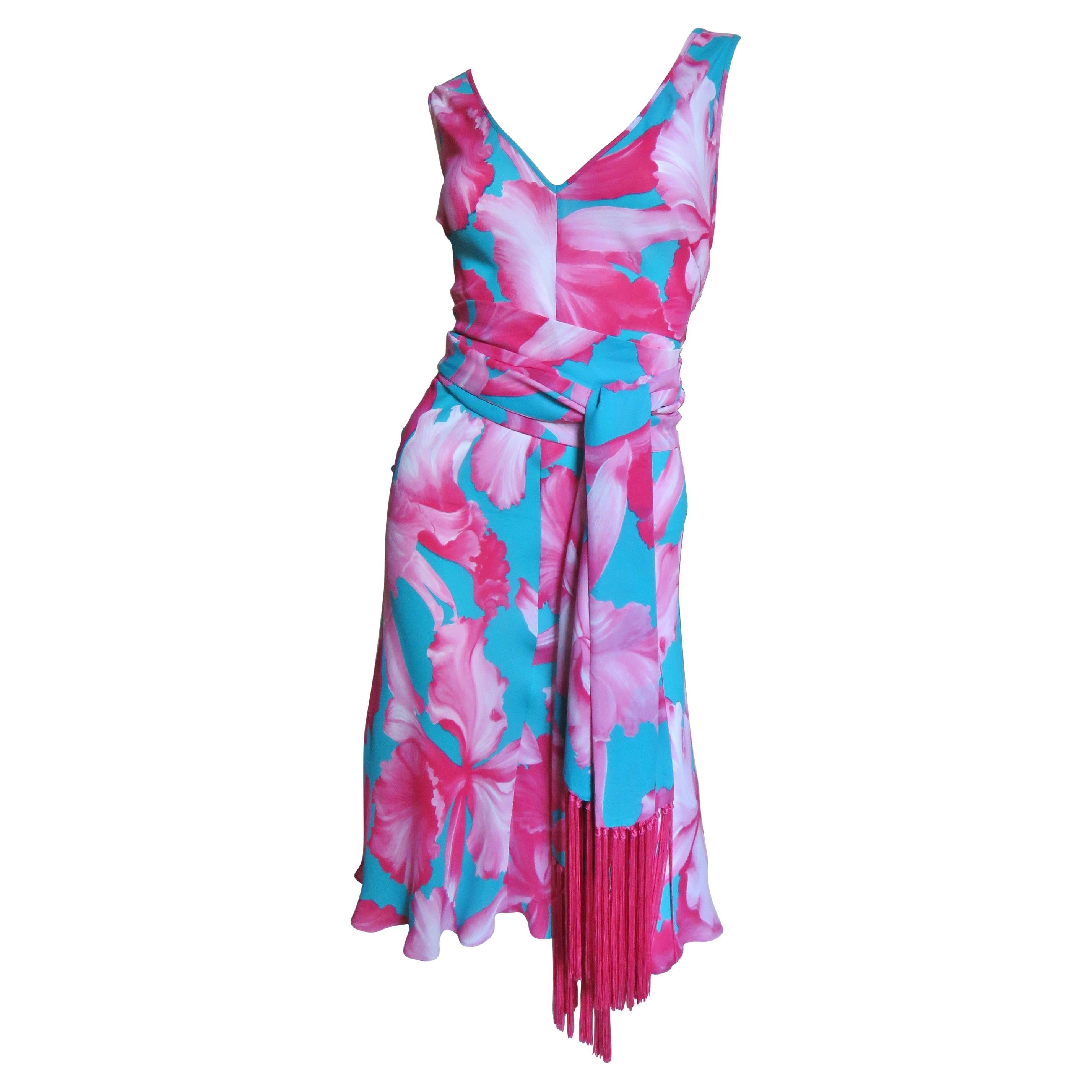  Celine Flower Print Silk Dress with Fringe Wrap