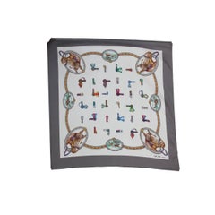 Celine Vintage Equestrina Gray Beige Silk Foulard Scarf, 1980s
