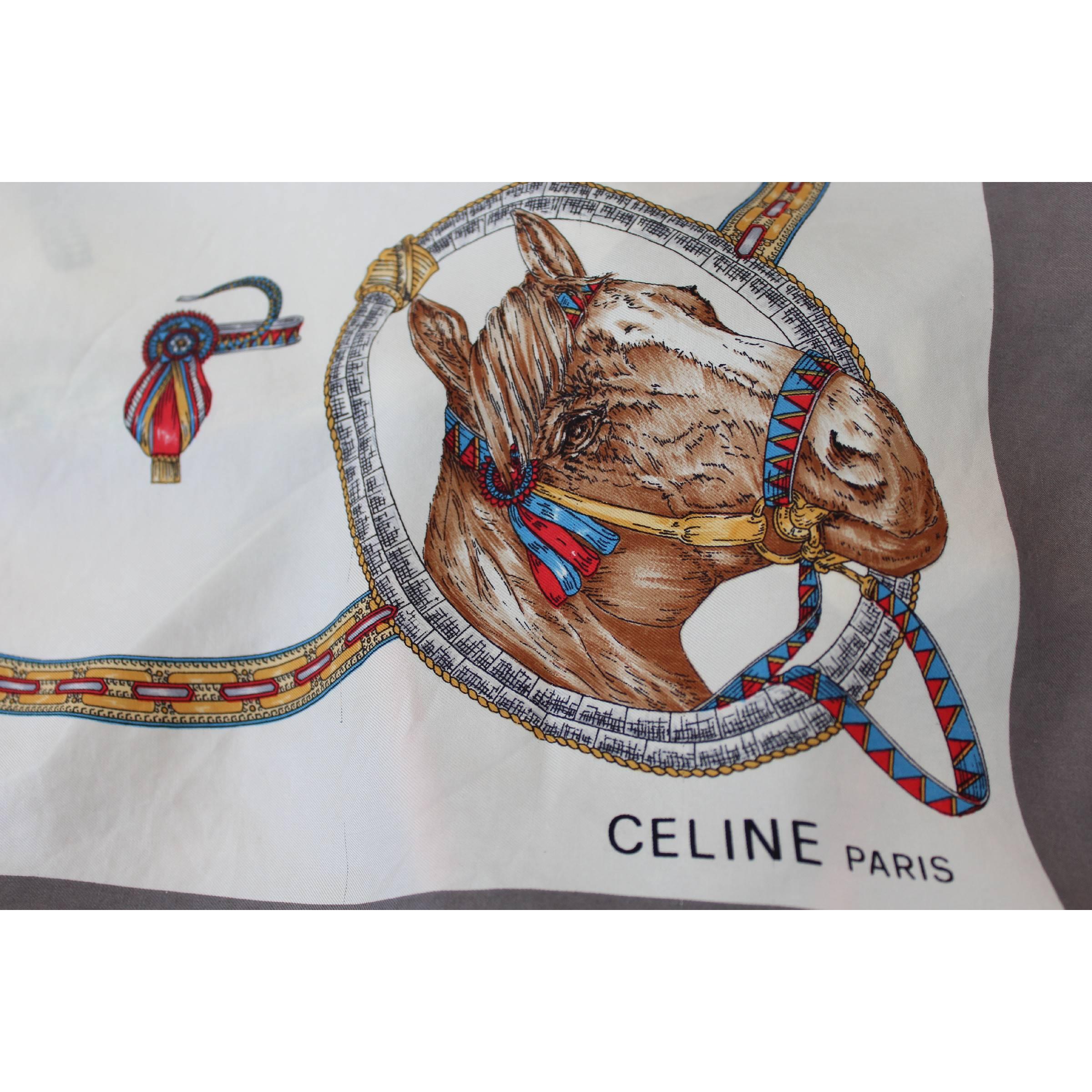 Women's Celine Vintage Equestrina Gray Beige Silk Foulard Scarf, 1980s For Sale