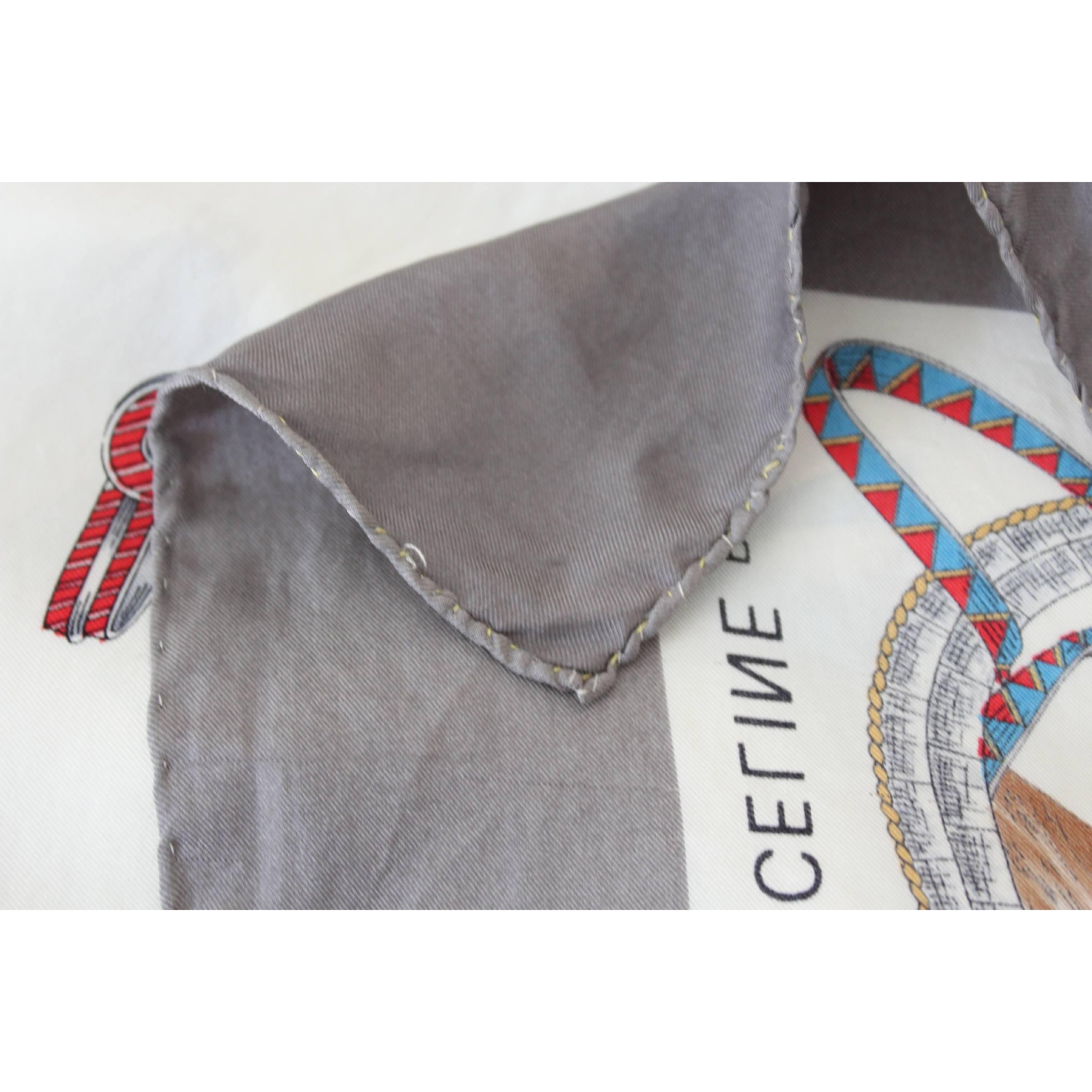 Celine Vintage Equestrina Gray Beige Silk Foulard Scarf, 1980s For Sale 1