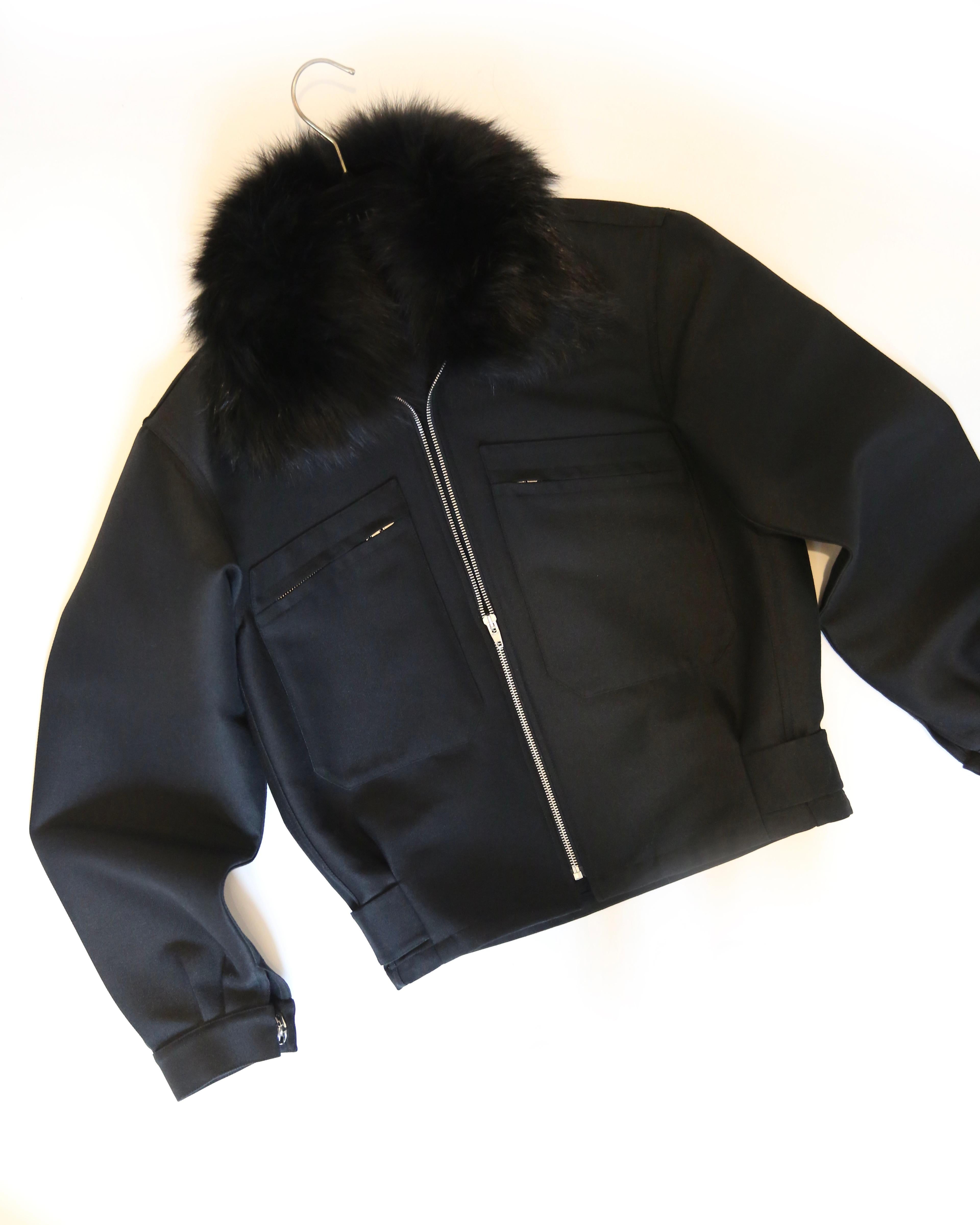 Celine fox fur collar black structured bomber style coat jacket For Sale 3