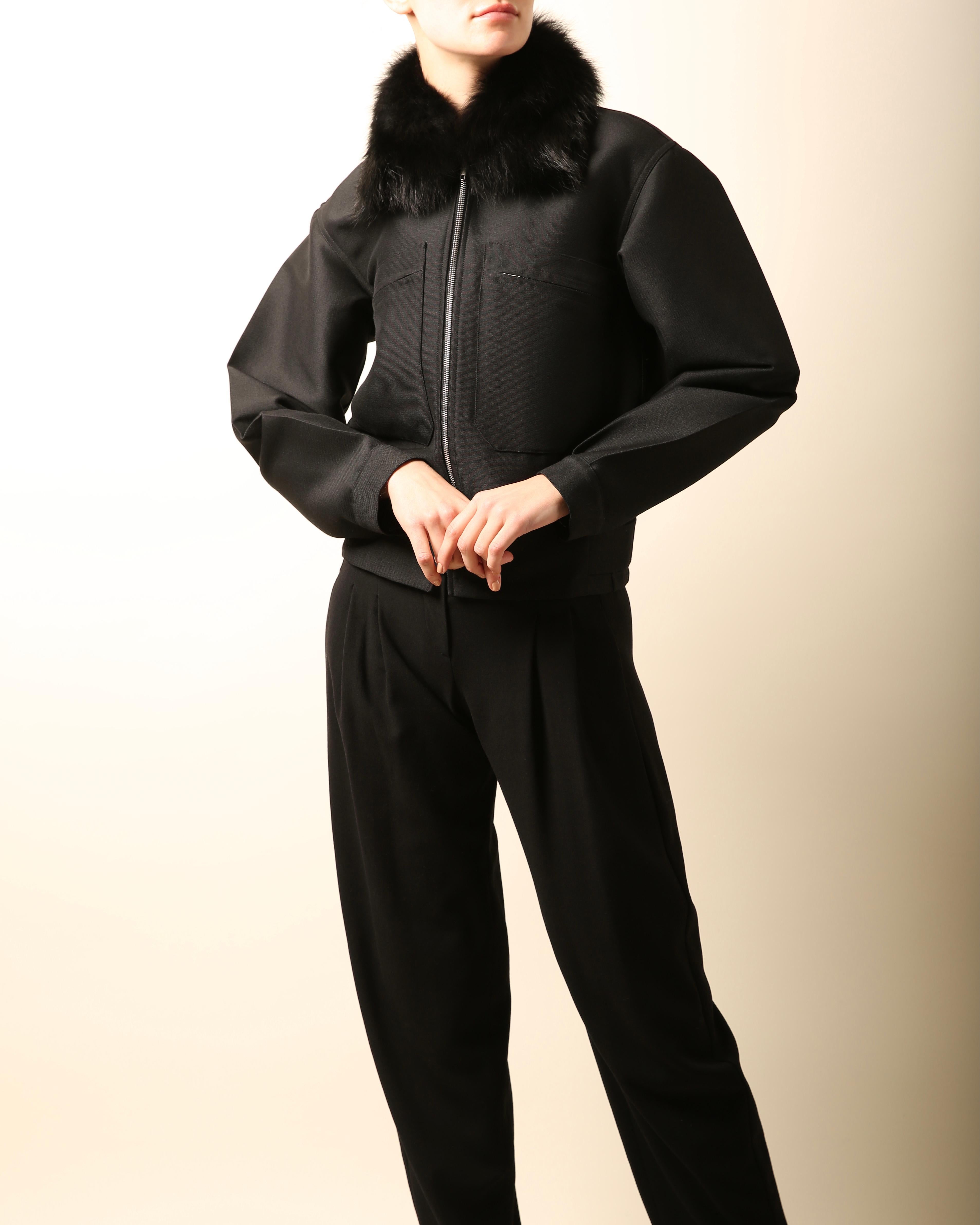 Black Celine fox fur collar black structured bomber style coat jacket For Sale