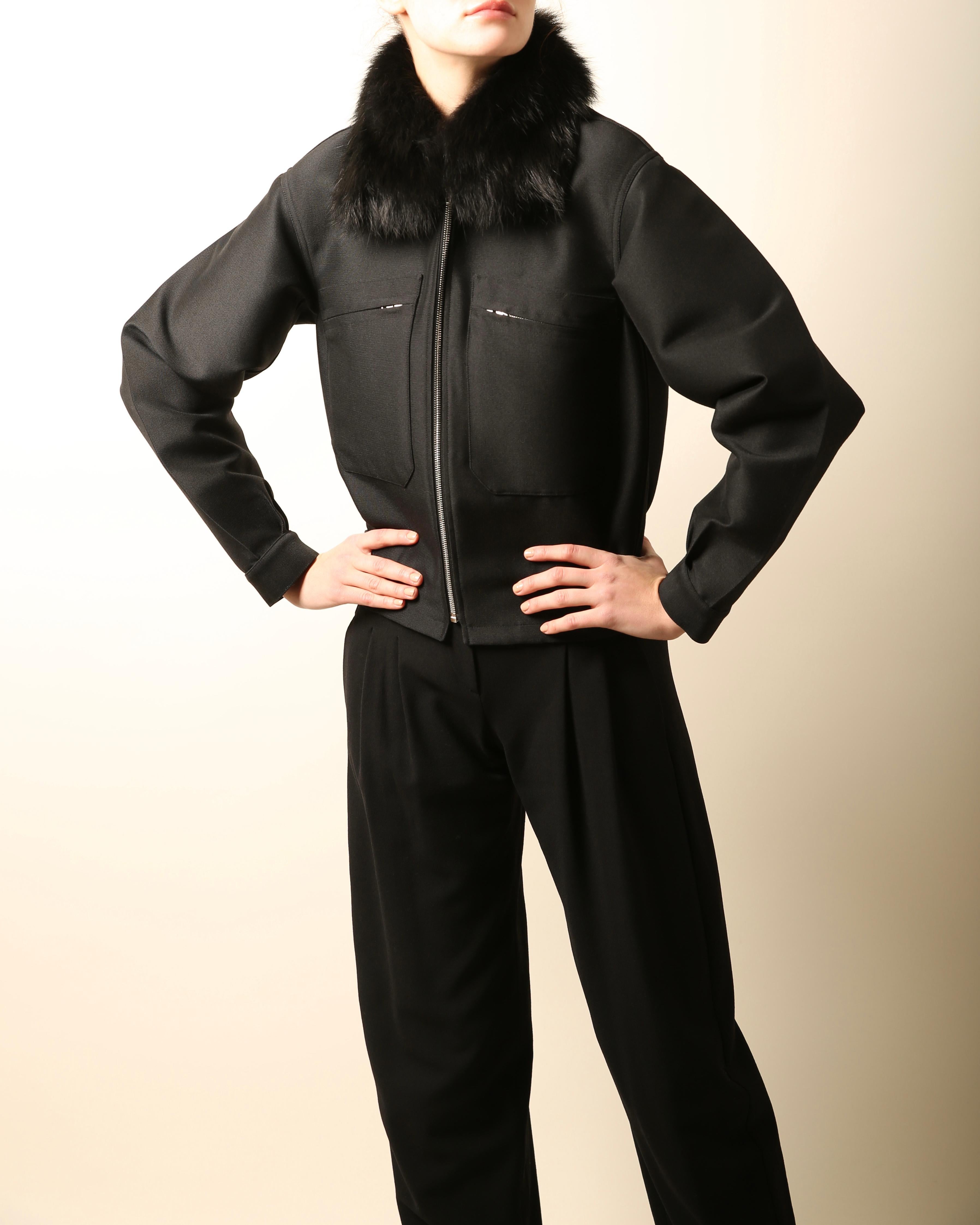 Women's Celine fox fur collar black structured bomber style coat jacket For Sale