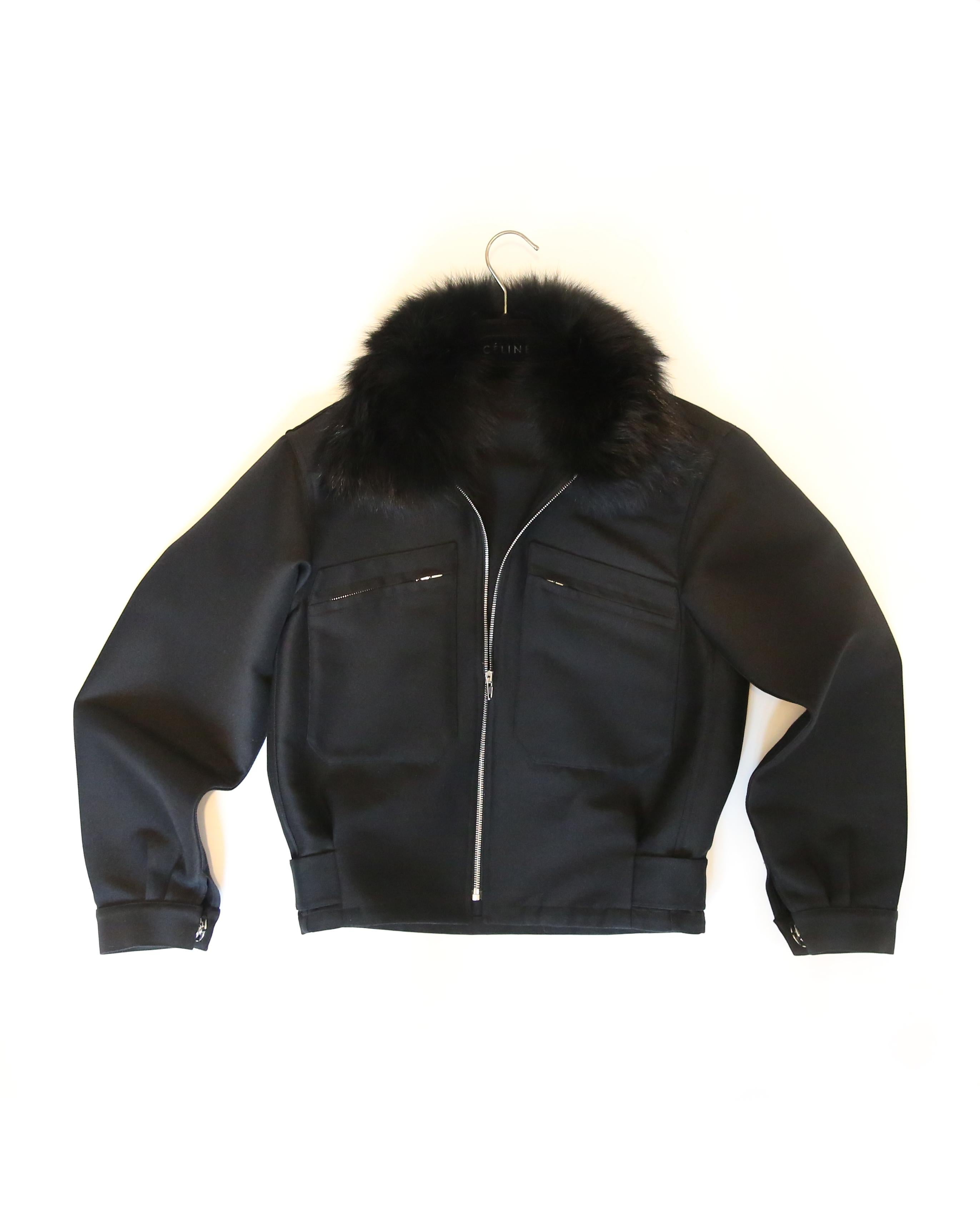 Celine fox fur collar black structured bomber style coat jacket For Sale 1