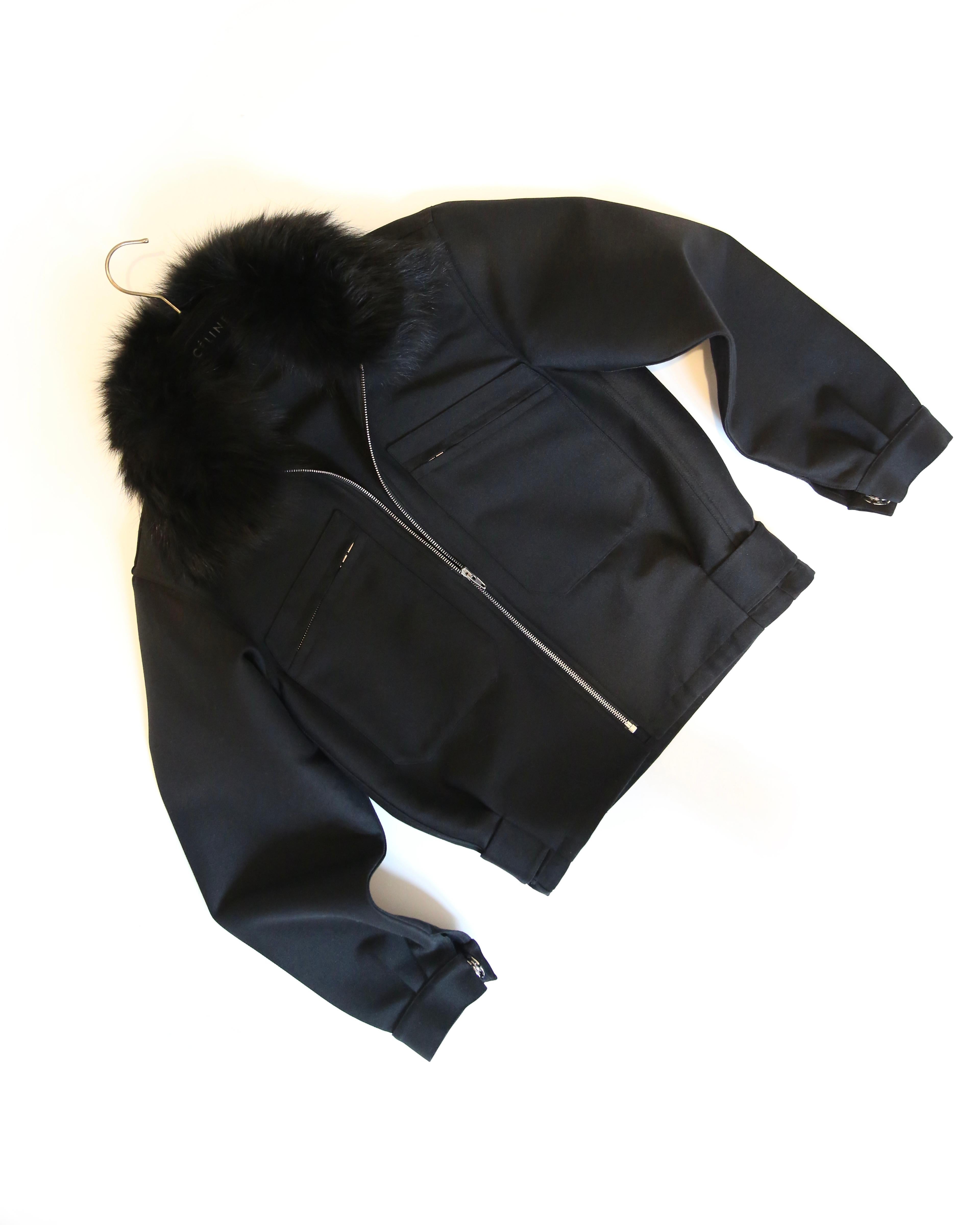 Celine fox fur collar black structured bomber style coat jacket For Sale 2