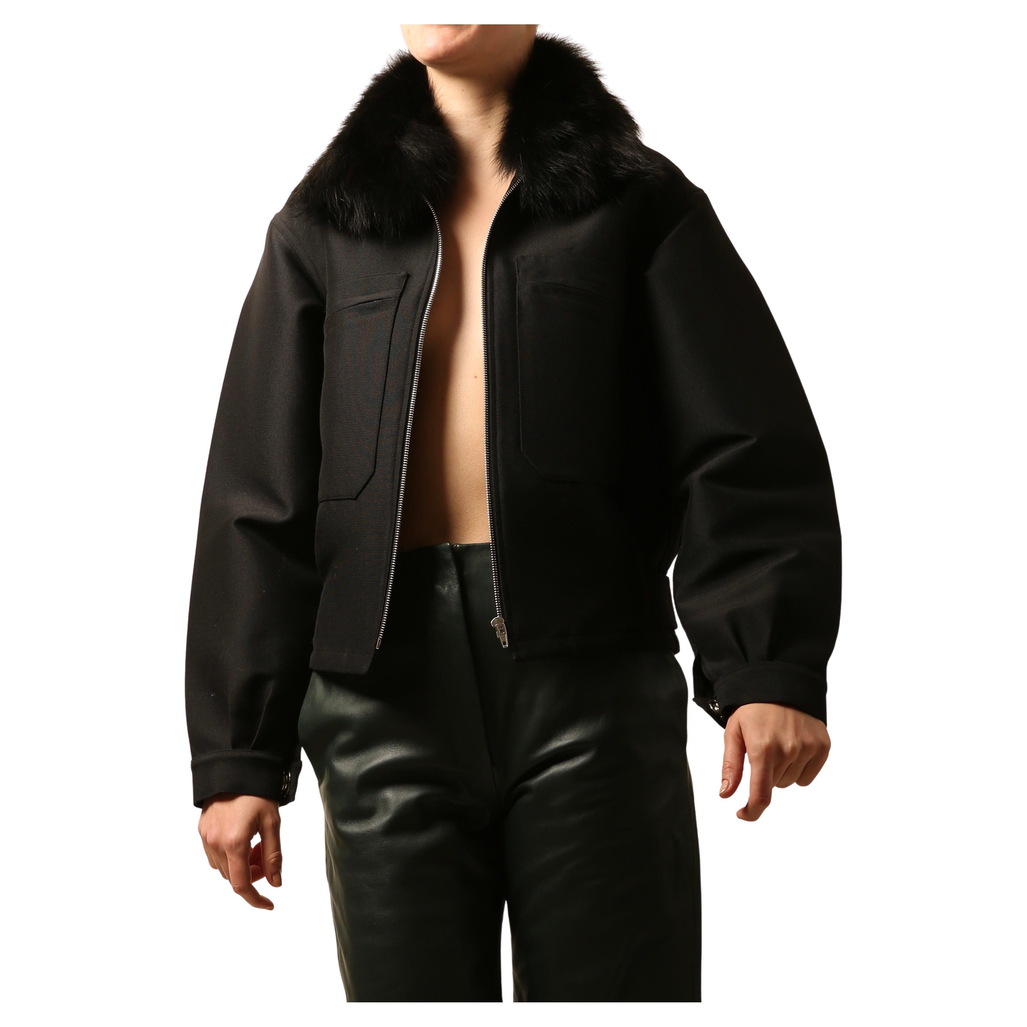 Celine fox fur collar black structured bomber style coat jacket