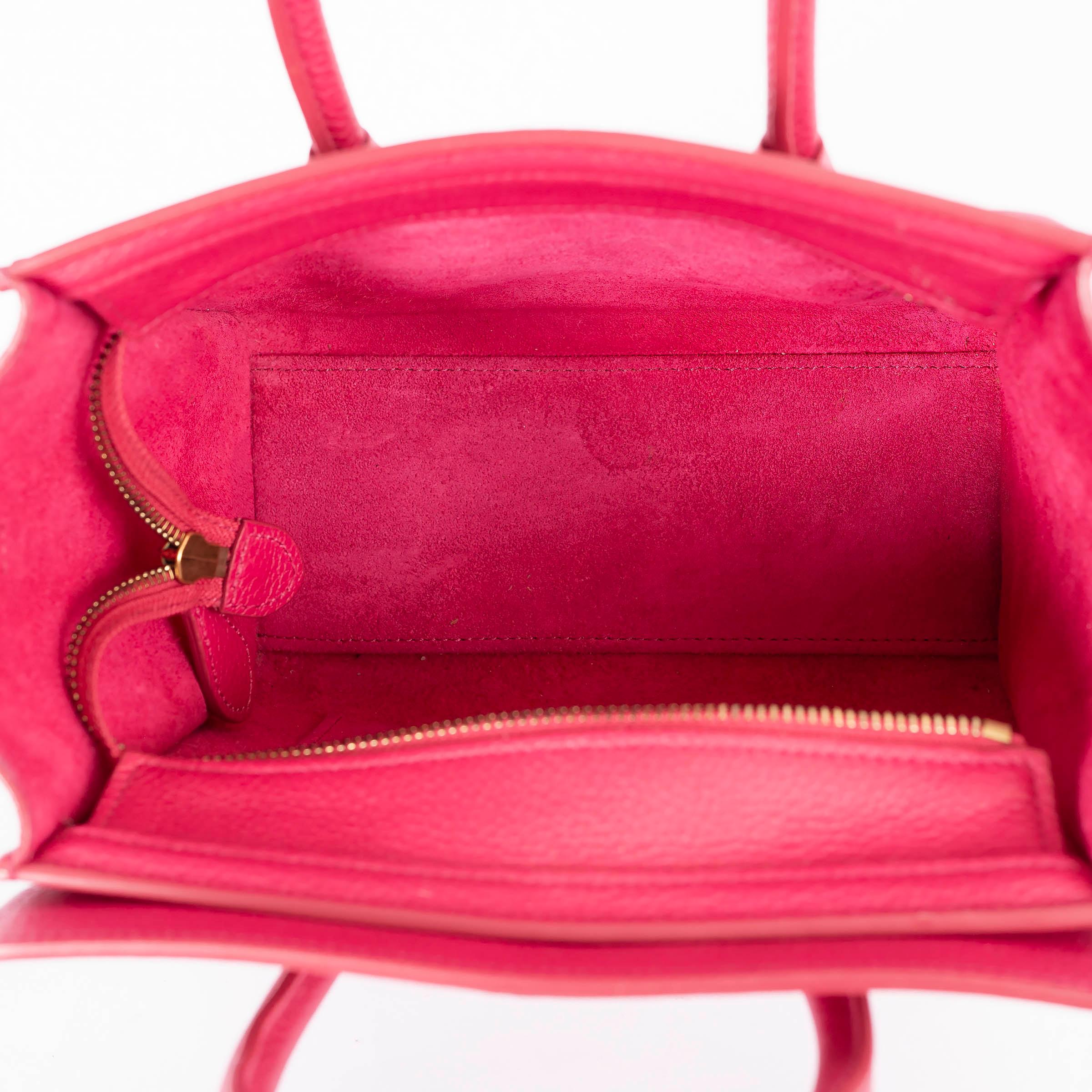 Women's CELINE fuchsia pink Drummed leather NANO LUGGAGE Tote Bag For Sale