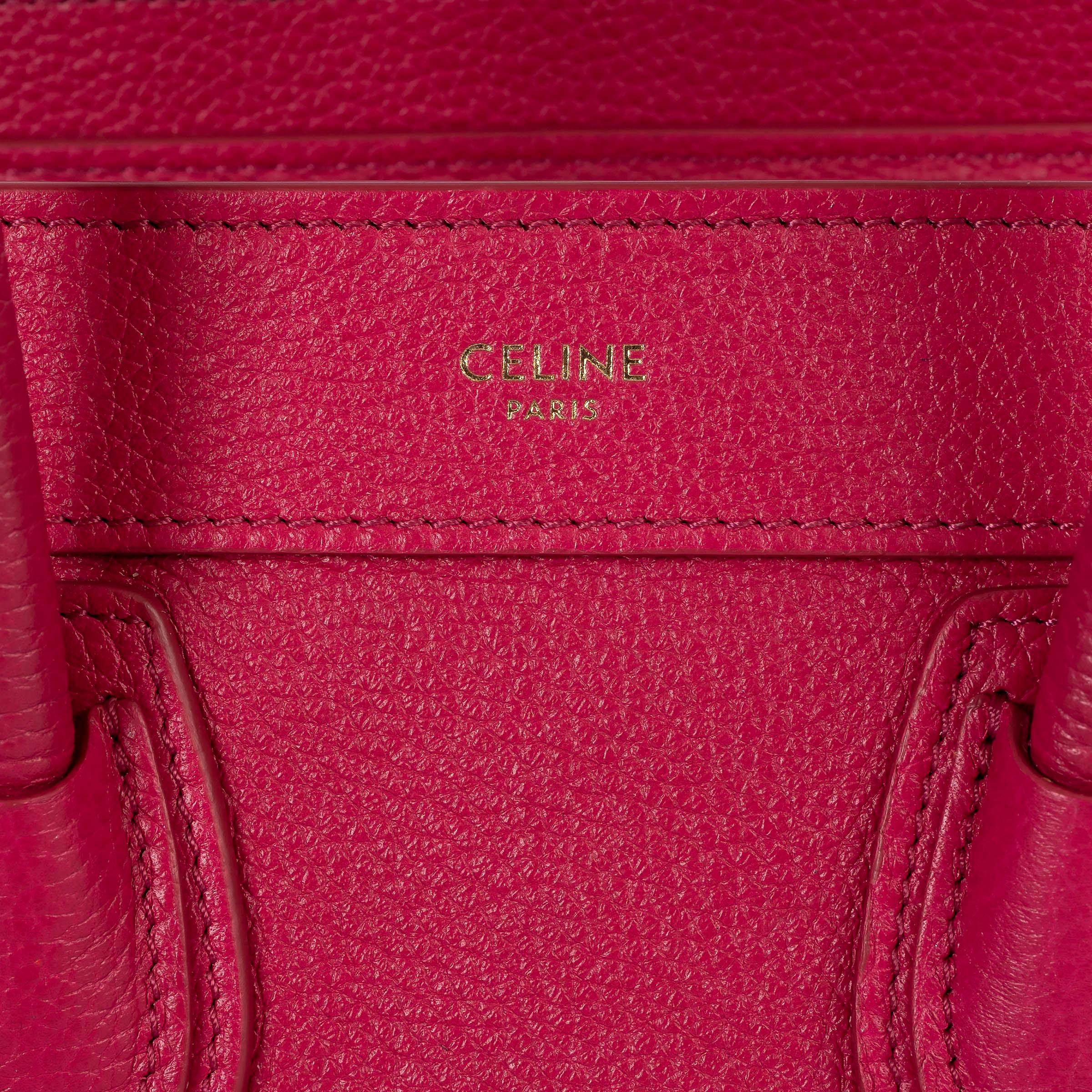 CELINE fuchsia pink Drummed leather NANO LUGGAGE Tote Bag For Sale 1