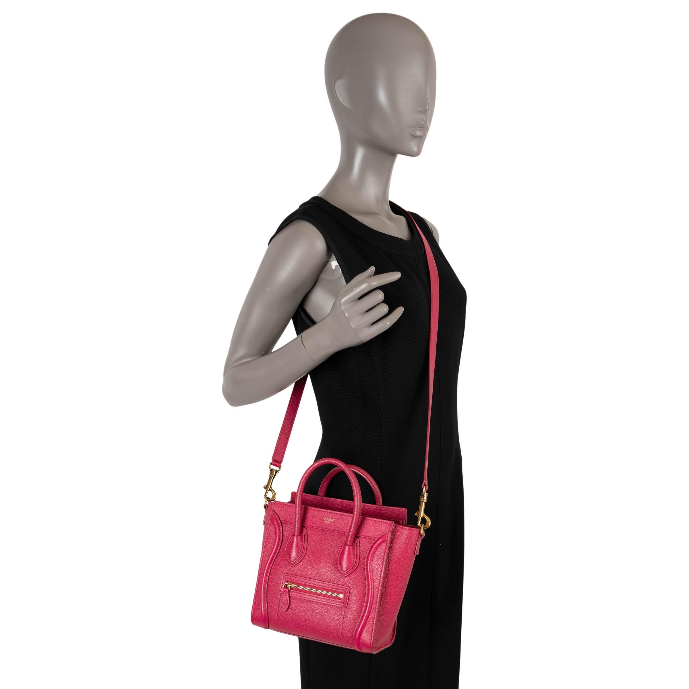 CELINE fuchsia pink Drummed leather NANO LUGGAGE Tote Bag For Sale 3