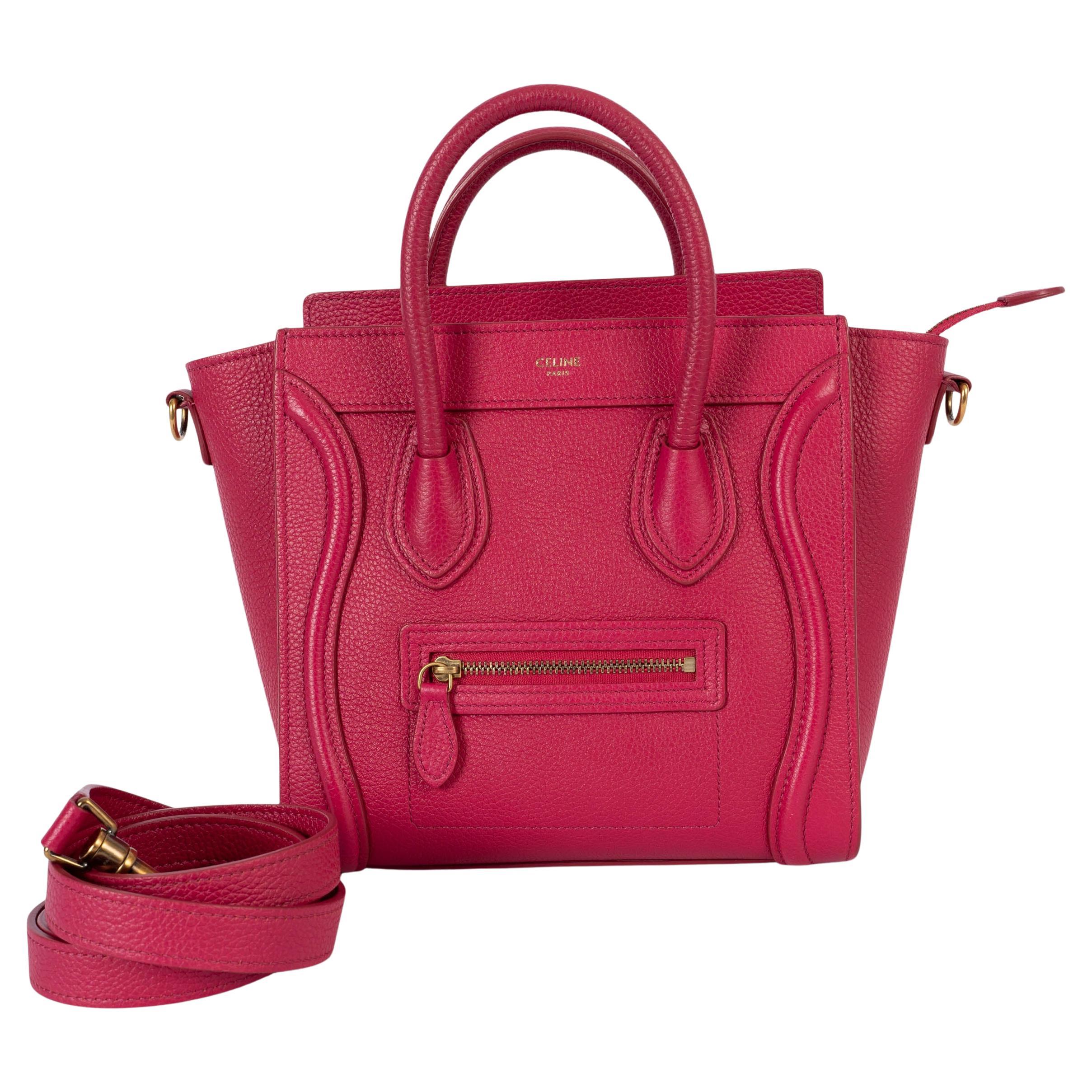 CELINE fuchsia pink Drummed leather NANO LUGGAGE Tote Bag