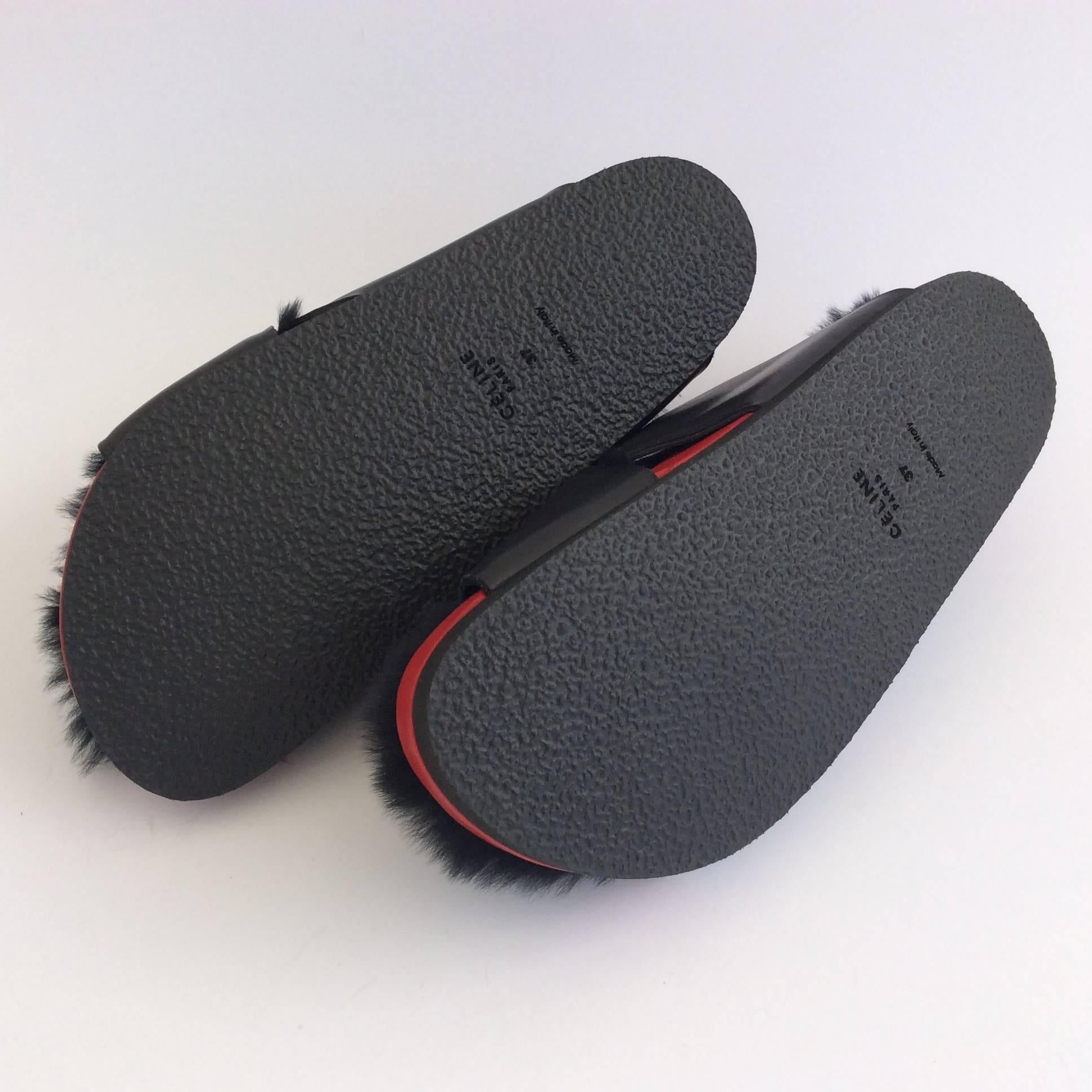 Celine Fur-Lined Black And red Leather Slides Sz37 (Us7) In New Condition In San Francisco, CA
