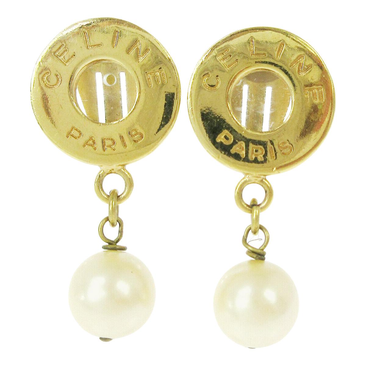 Celine Gold Round Coin Logo Charm Pearl Dangle Drop Evening Earrings 