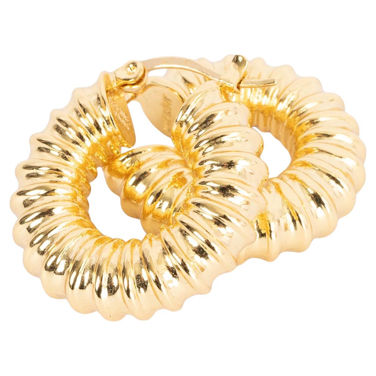 CELINE gold-tone brass metal TEXTURED Hoop Earrings For Sale