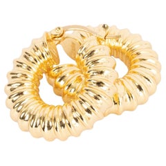 CELINE gold-tone brass metal TEXTURED Hoop Earrings