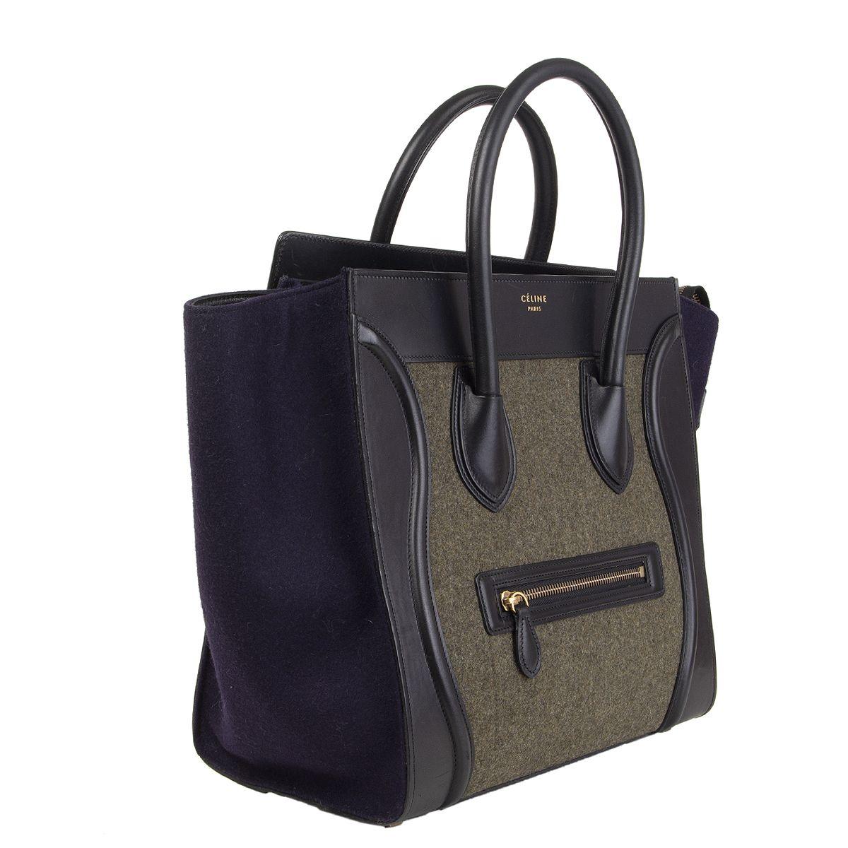 100% authentic Céline 'Mini Luggage' tote in black calfskin and midnight blue and pale olive green felt featuring outer zipper pocket on the front. Lined in black calfskin with one zipper pocket against the back and two open pockets against the