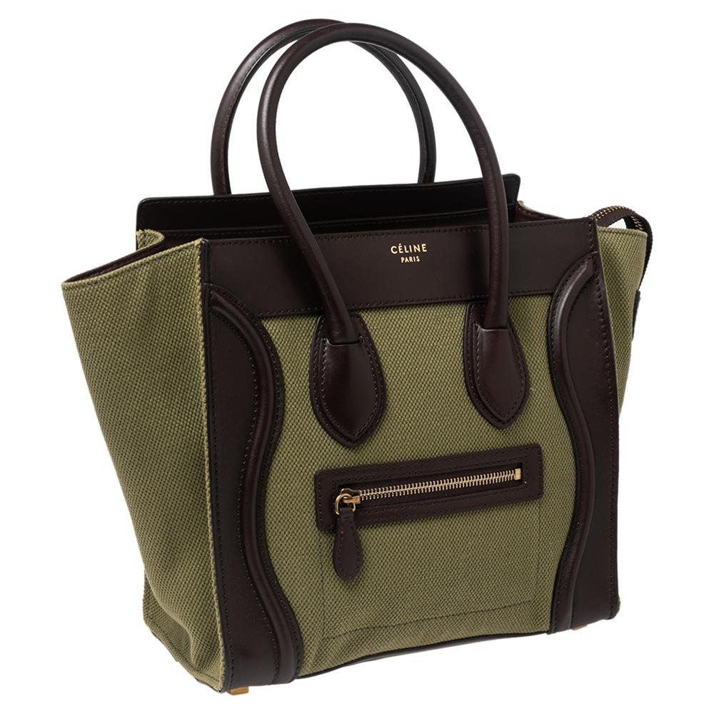 Black Celine Green/Brown Canvas and Leather Micro Luggage Tote