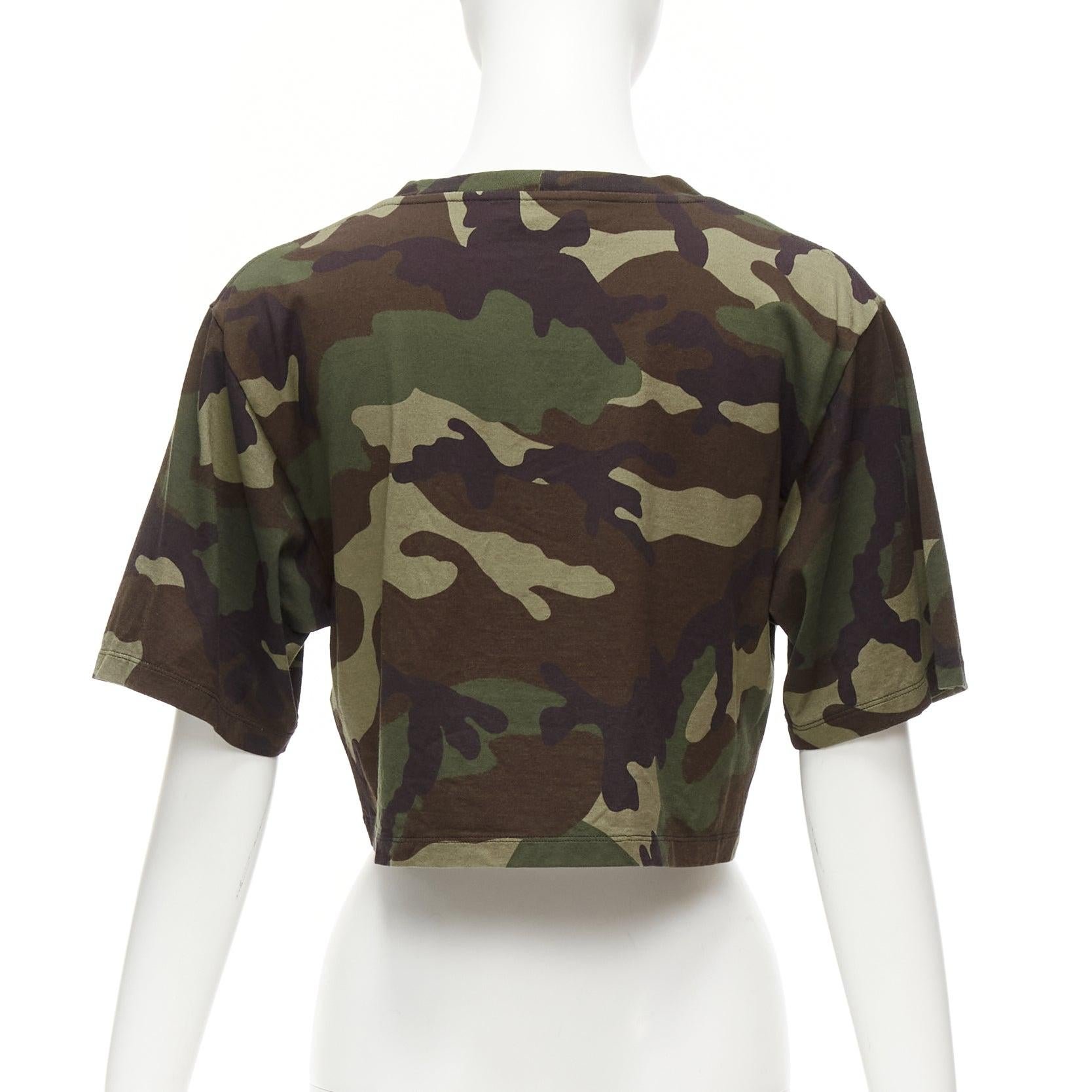 Women's CELINE green camouflage cotton big white logo cropped tshirt top XS For Sale
