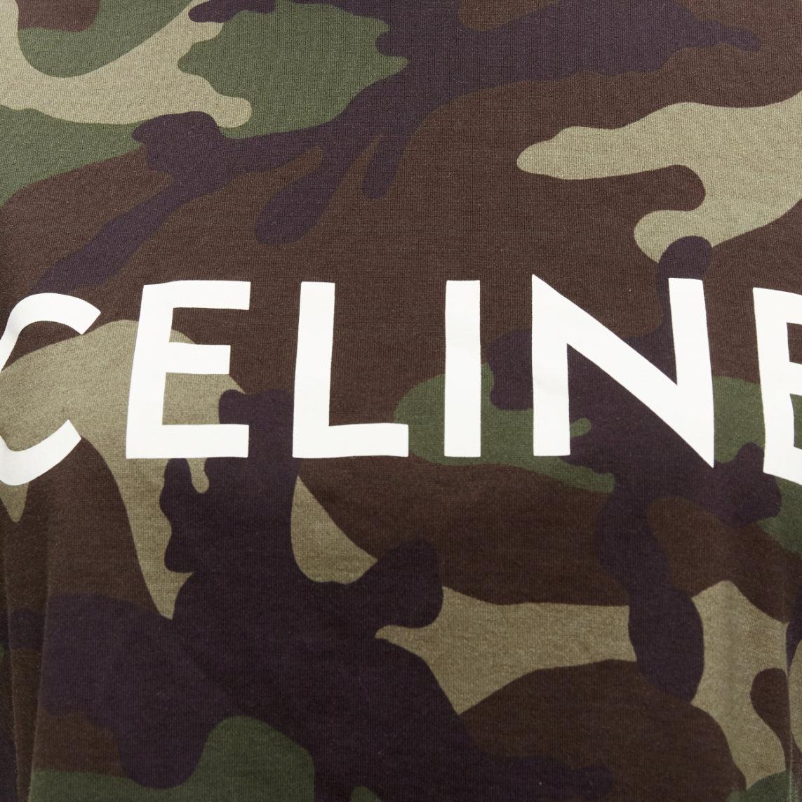 CELINE green camouflage cotton big white logo cropped tshirt top XS For Sale 2