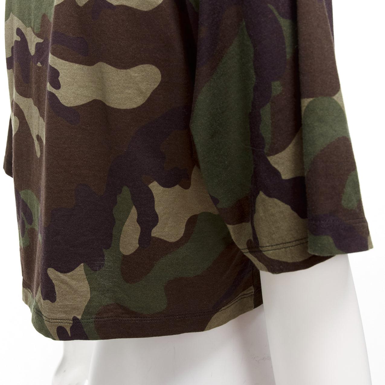 CELINE green camouflage cotton big white logo cropped tshirt top XS 2