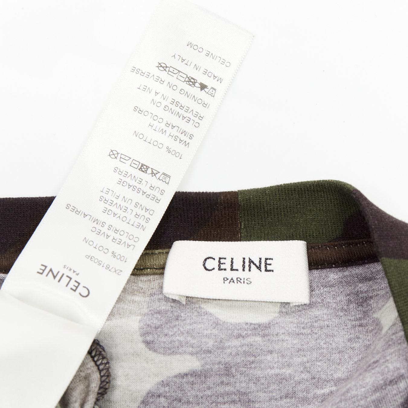 CELINE green camouflage cotton big white logo cropped tshirt top XS For Sale 4