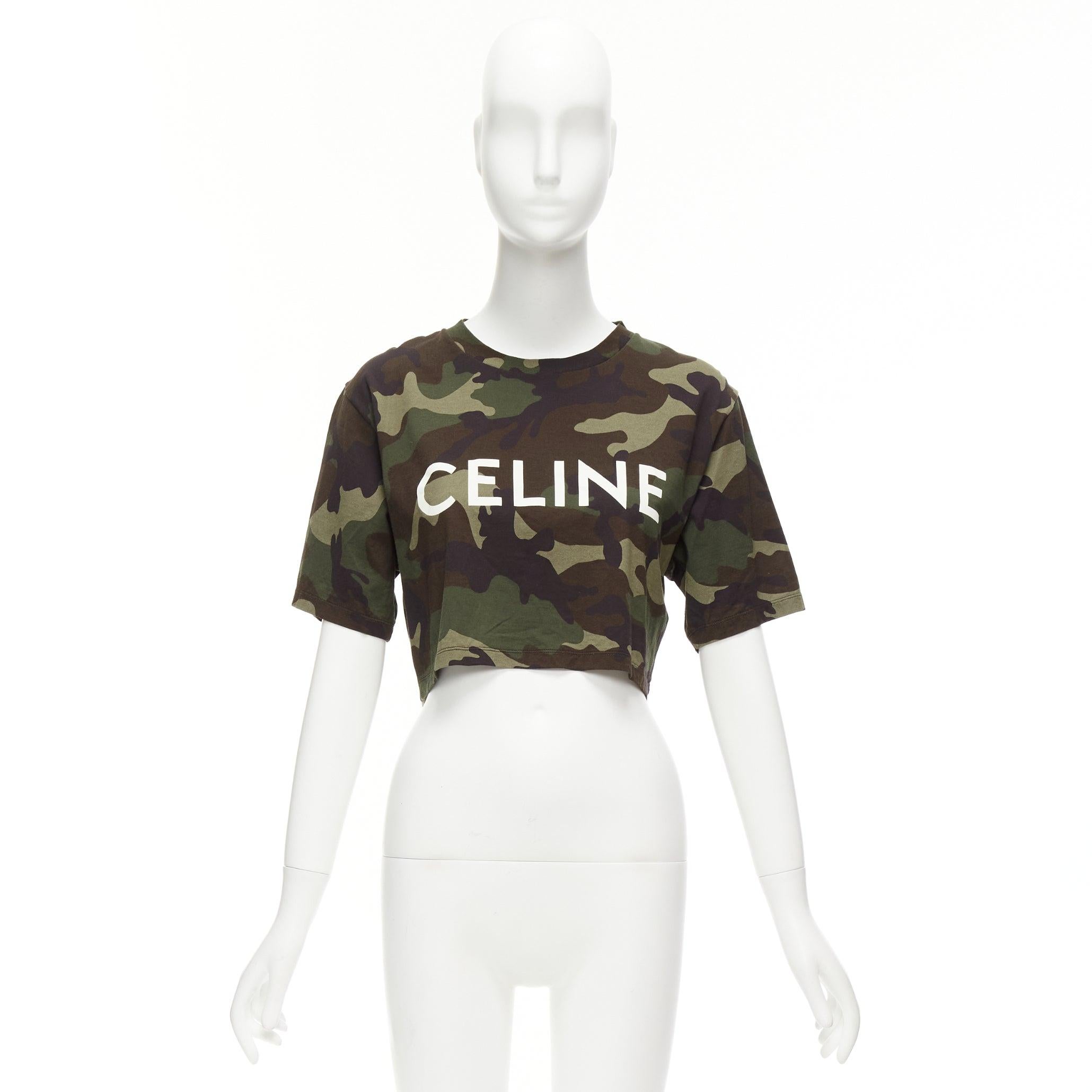 CELINE green camouflage cotton big white logo cropped tshirt top XS For Sale 5