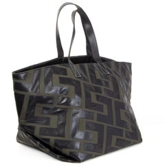 CELINE green canvas & black leather LOGO PATCHWORK MEDIUM TOTE Bag